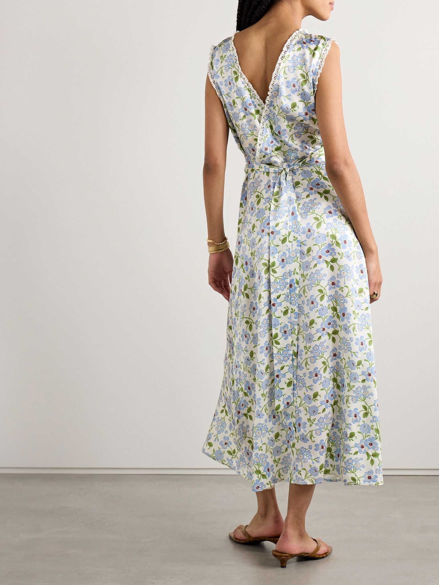 Tahlia lace-trimmed floral-print silk-charmeuse midi dress Blue - 3