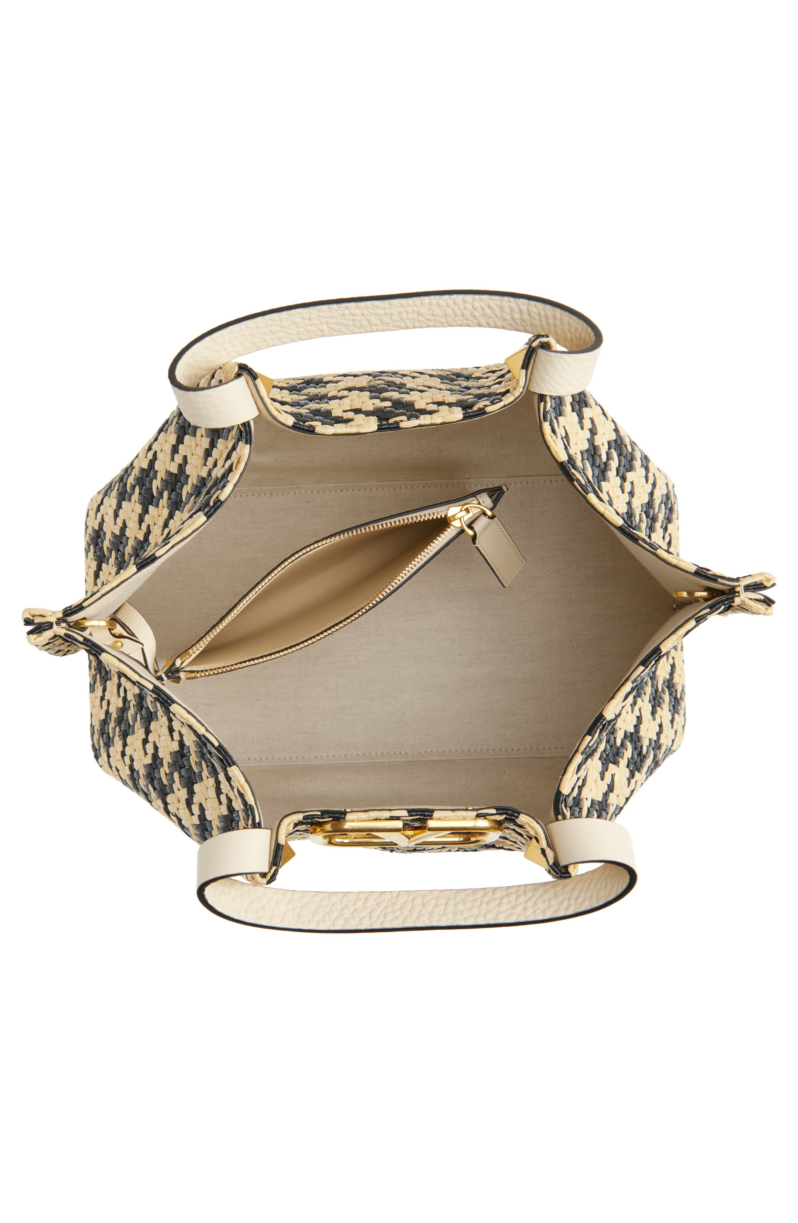Valentino Garavani Medium VLOGO Signature Houndstooth Raffia Tote in Naturale Nero/Butter White at N - 5