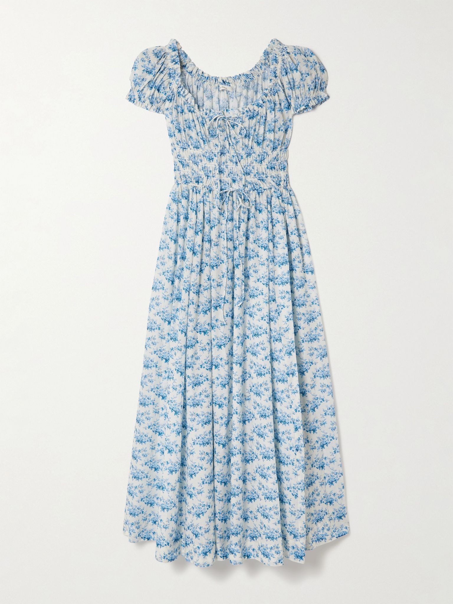 Ashlynn tie-detailed shirred floral-print organic cotton-voile midi dress Blue - 1