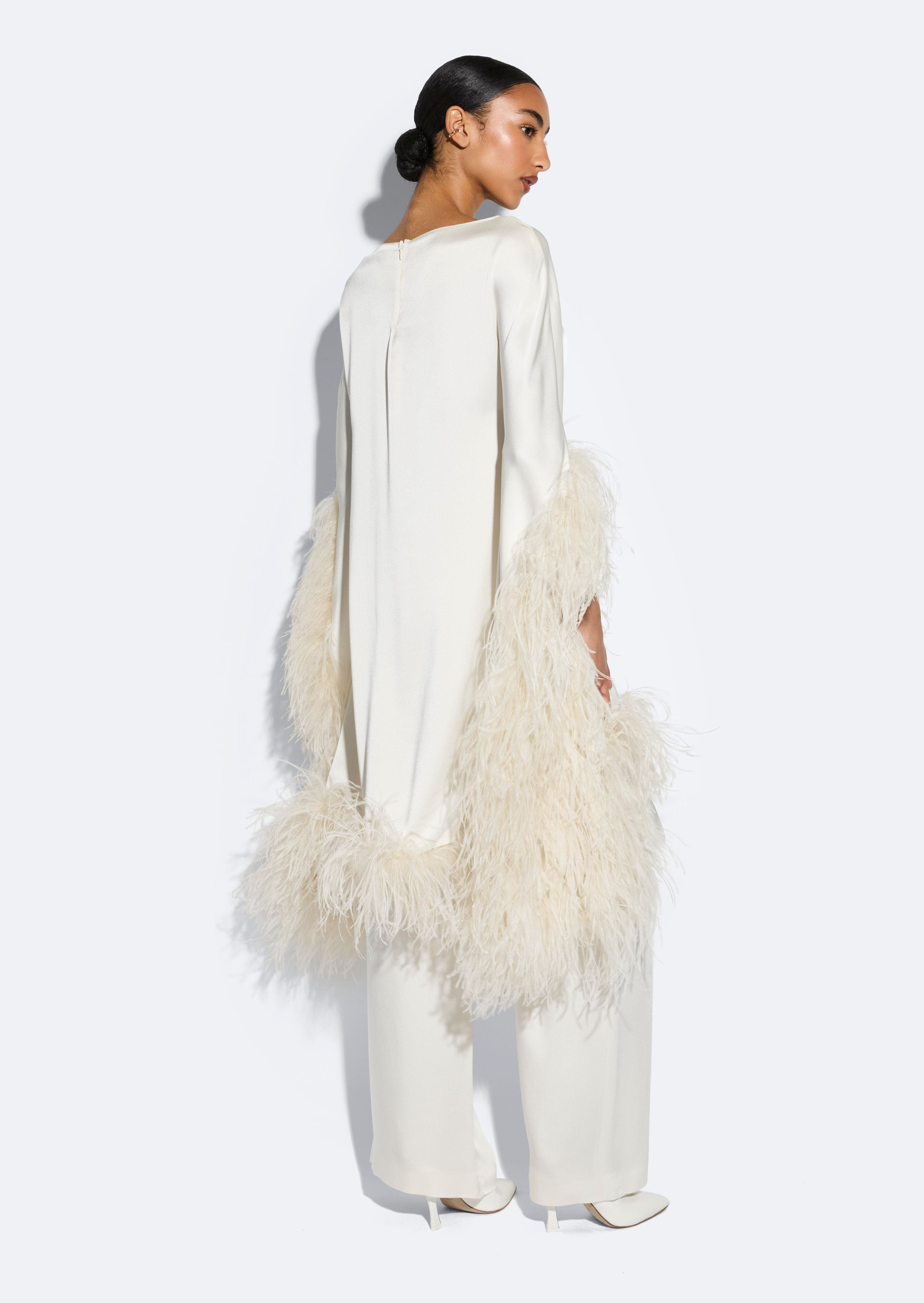 Satin Cape Dress With Feathers - 3