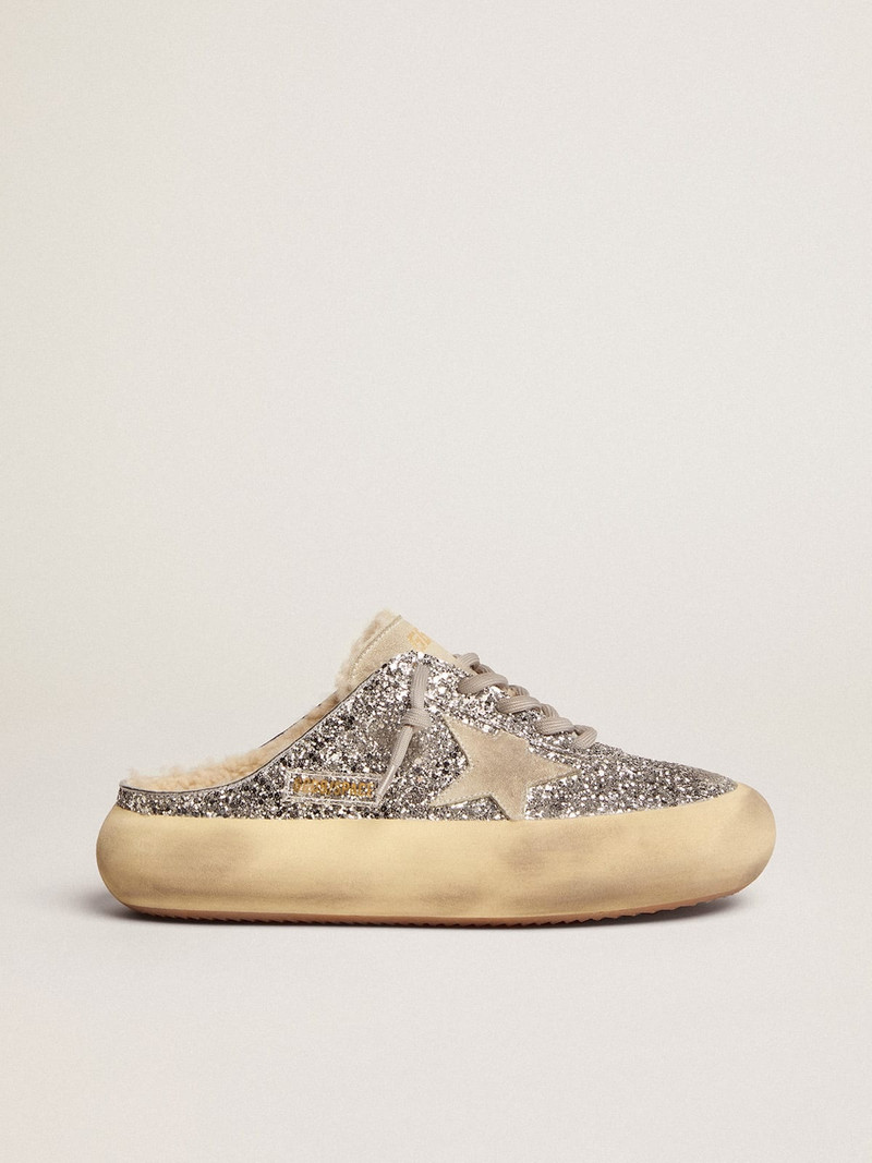 Space-Star Sabot shoes in silver glitter with shearling lining 1
