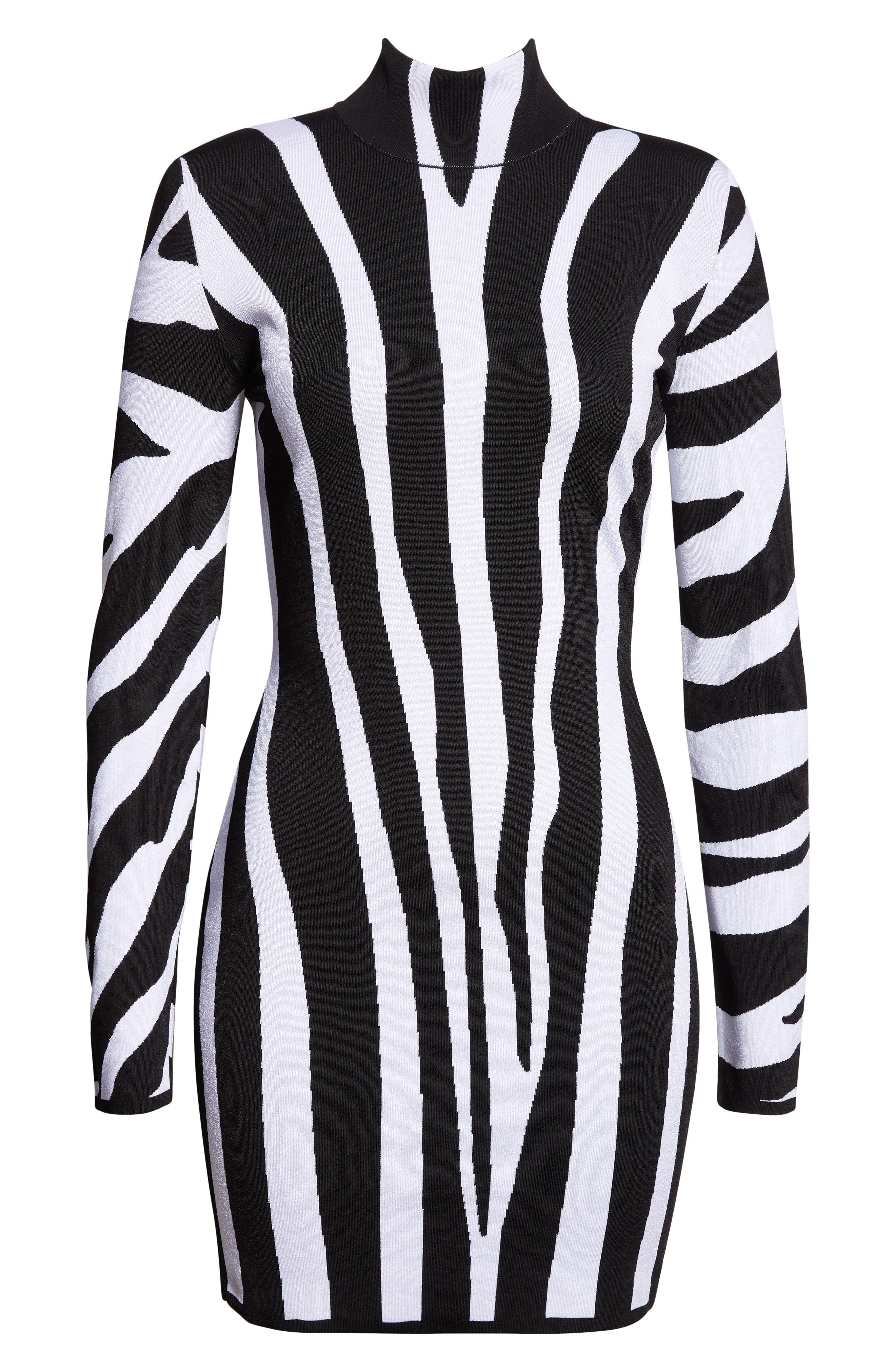 Balmain Long Sleeve Zebra Intarsia Mini Sweater Dress in Eab Blk/White at Nordstrom - 1