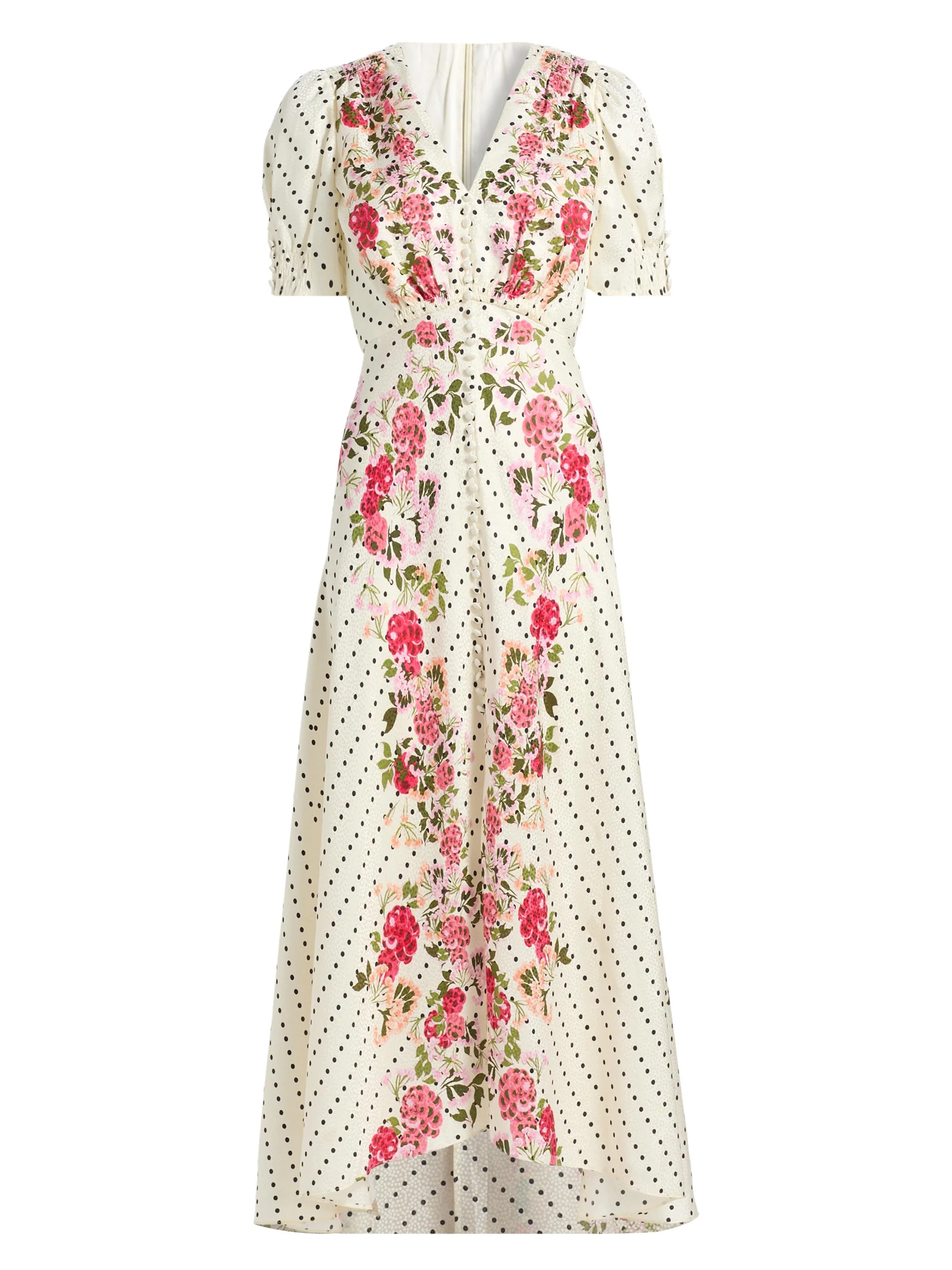 Women's Lea Floral Silk High-Low Maxi Dress - Rouge Polka Dot Plmt - 1