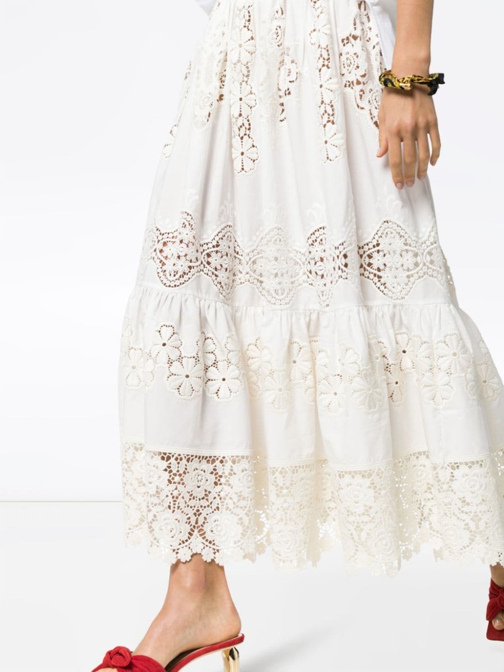 tiered lace detail high waisted midi skirt - 5