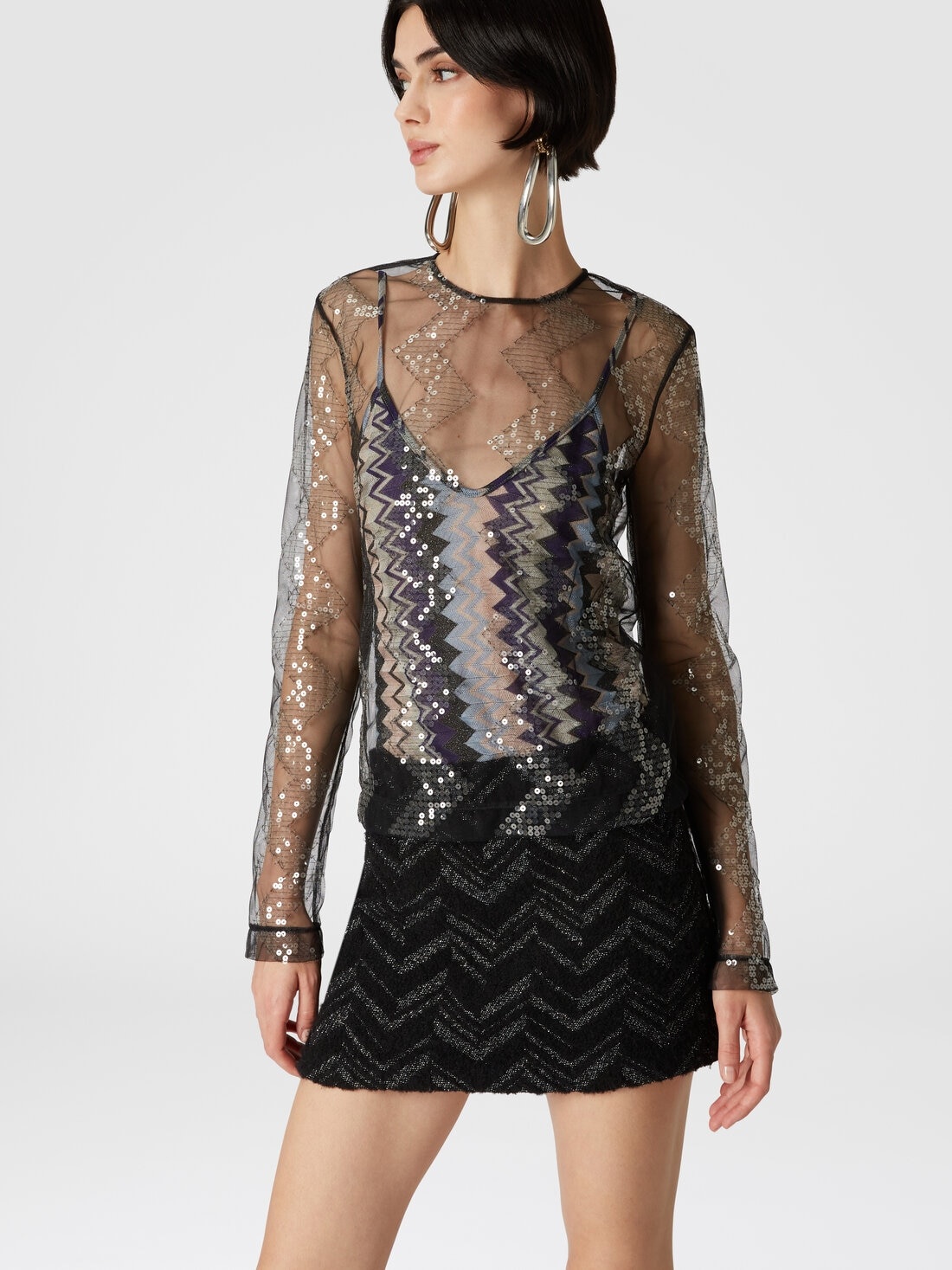 Bouclé mini skirt with lamé chevron motif - 4