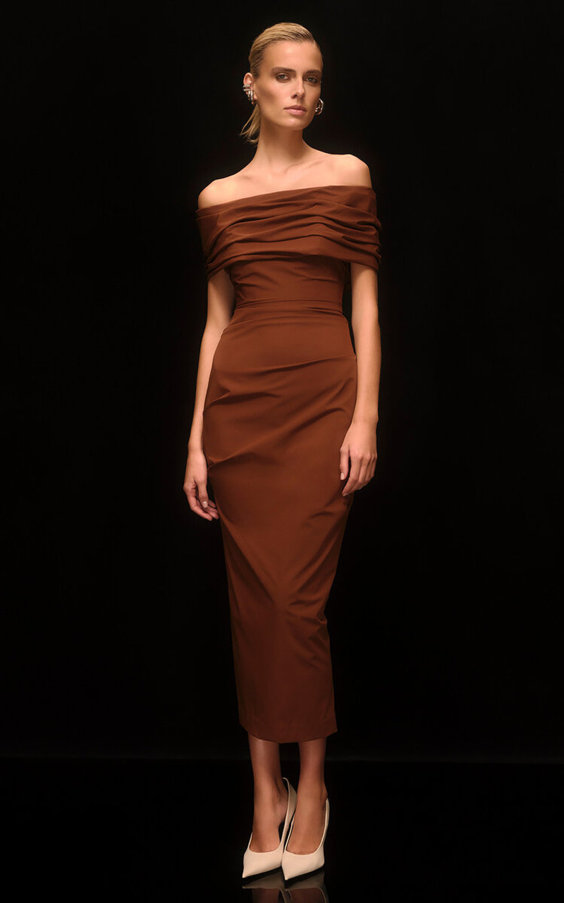 RACHEL GILBERT Camille Off-The-Shoulder Stretch-Taffeta Midi Dress brown outlook