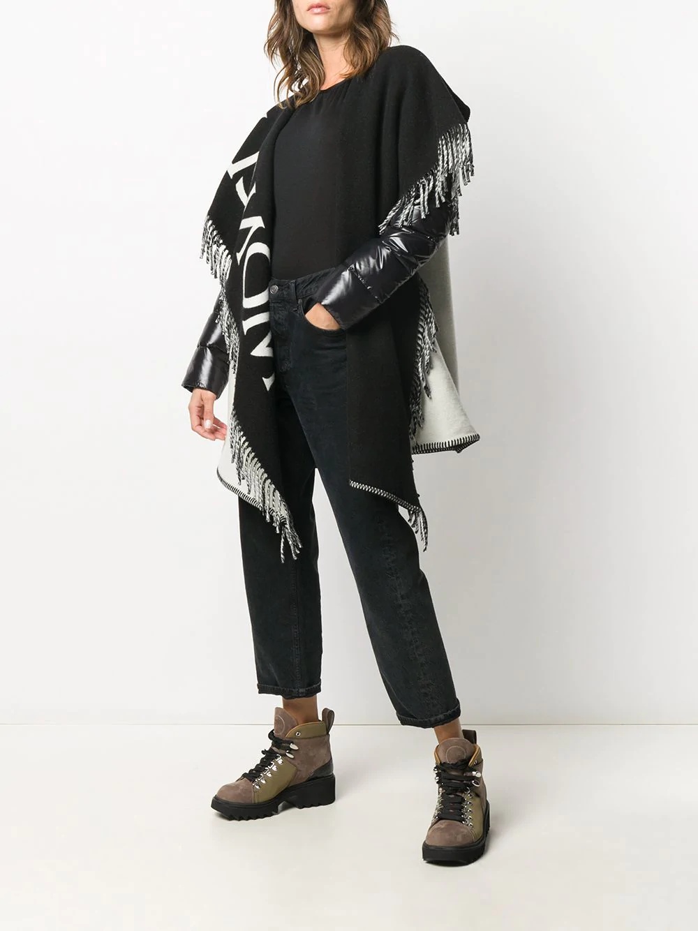 asymmetric fringed edge knitted poncho jacket - 2