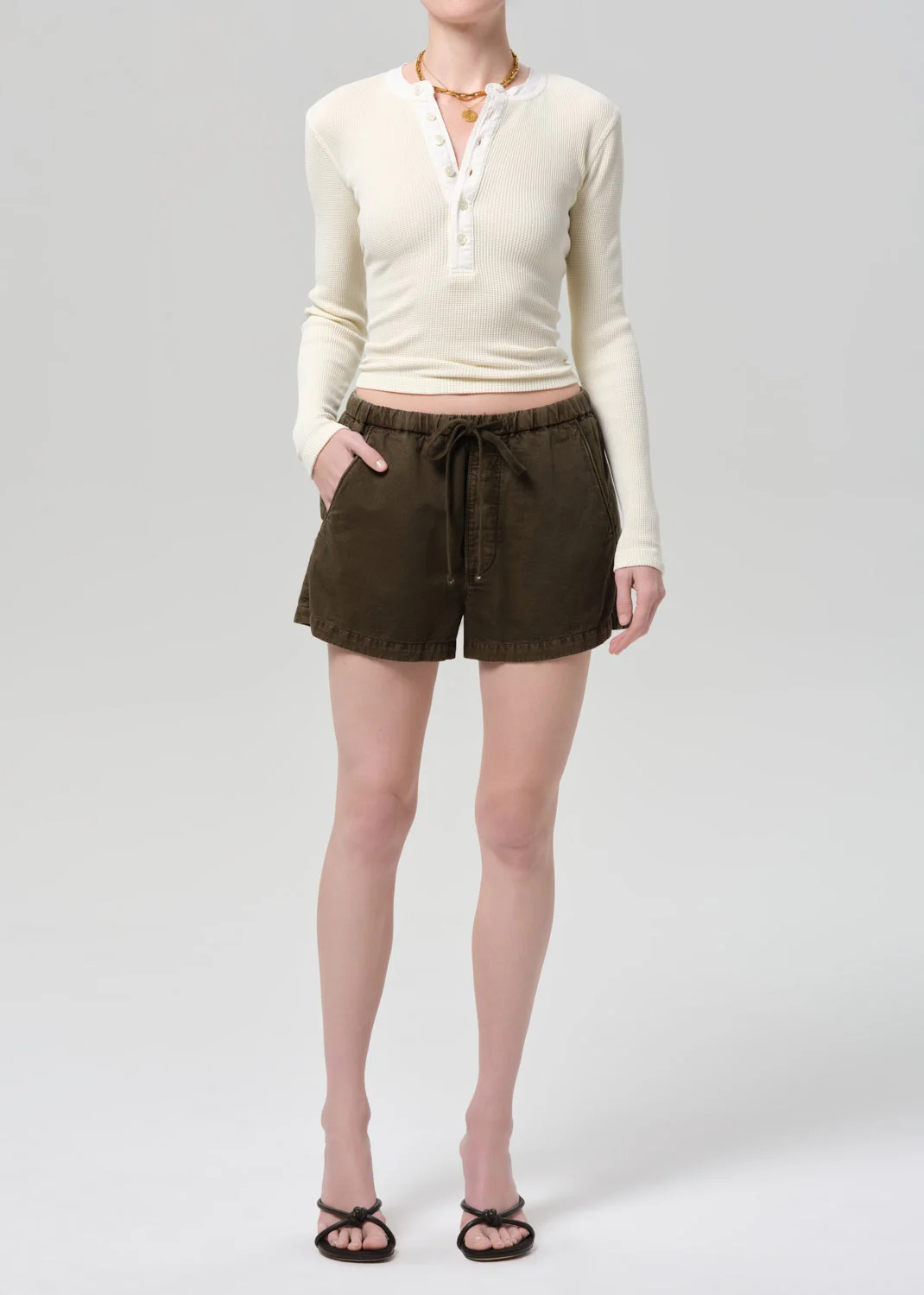 Drea Waffle Henley In Dune - 1