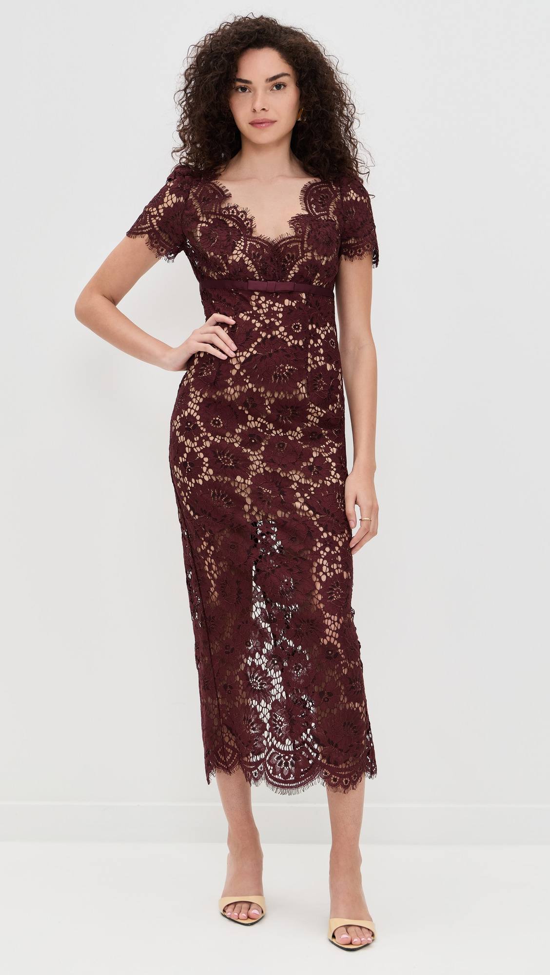 Burgundy Floral Lace Midi Dress - 6