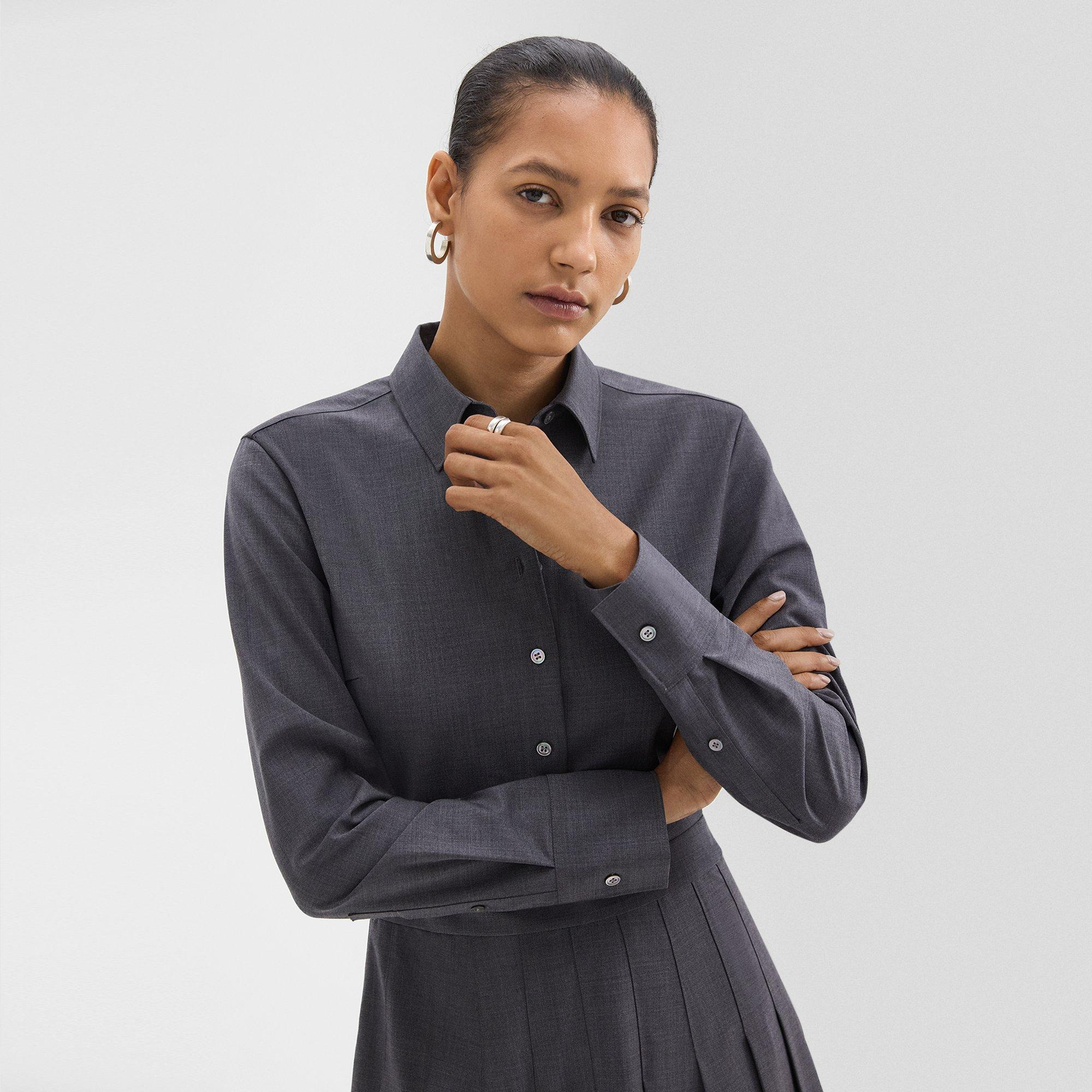 Pleated Mini Shirt Dress in Stretch Wool-Blend - 5