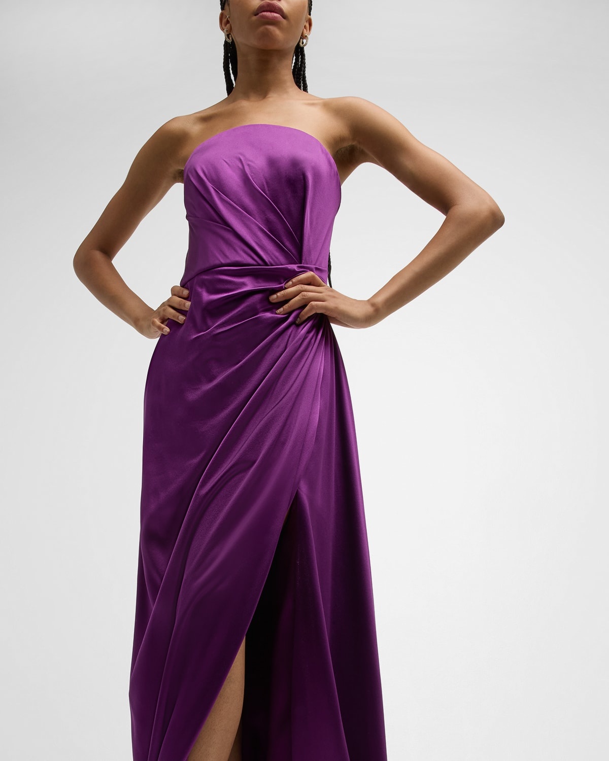 Strapless Satin Hand-Draped Gown with Slit - 6