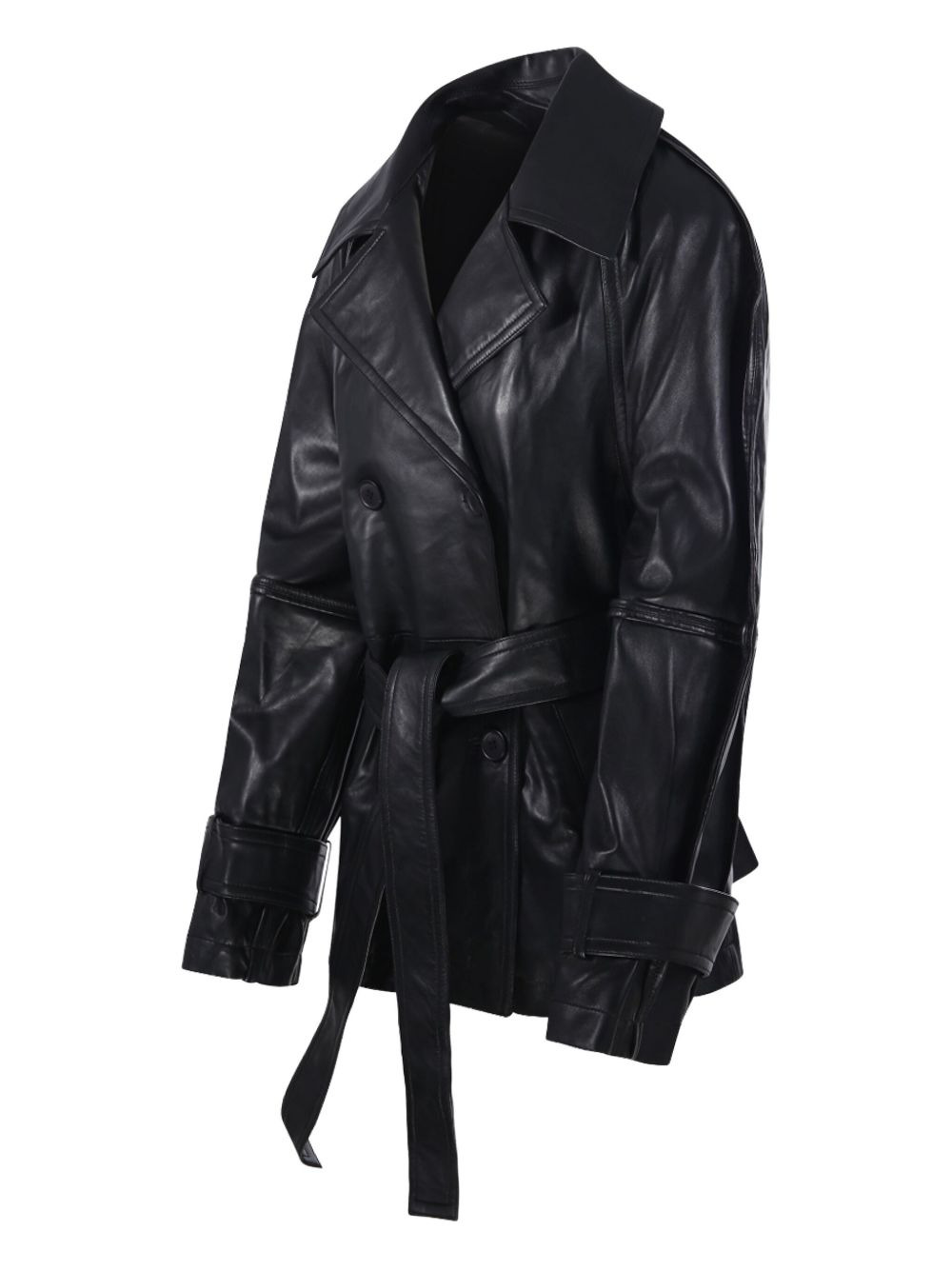 double-breasted belted leather jacket - 3