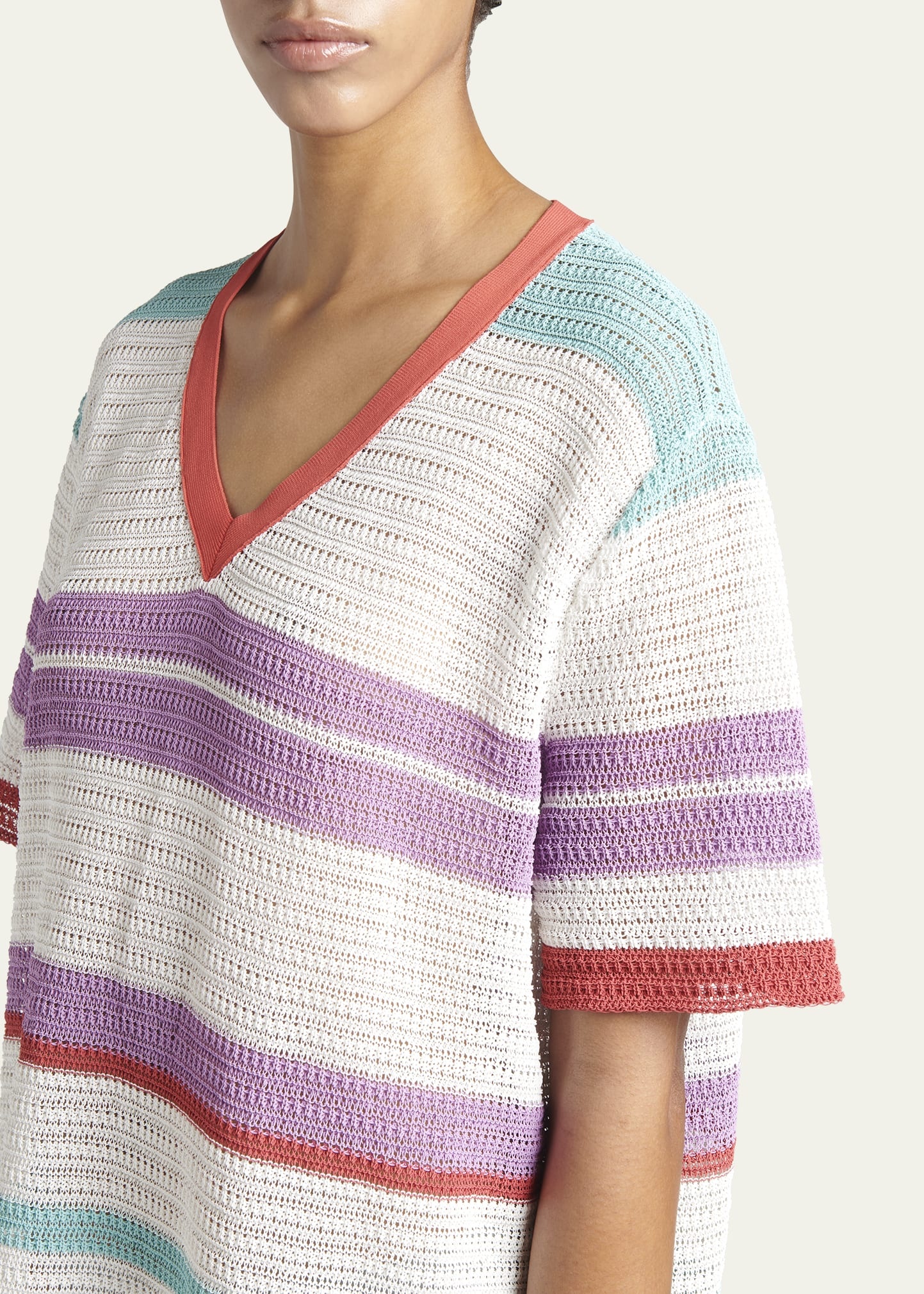 Striped Crochet Mini T-Shirt Dress - 4