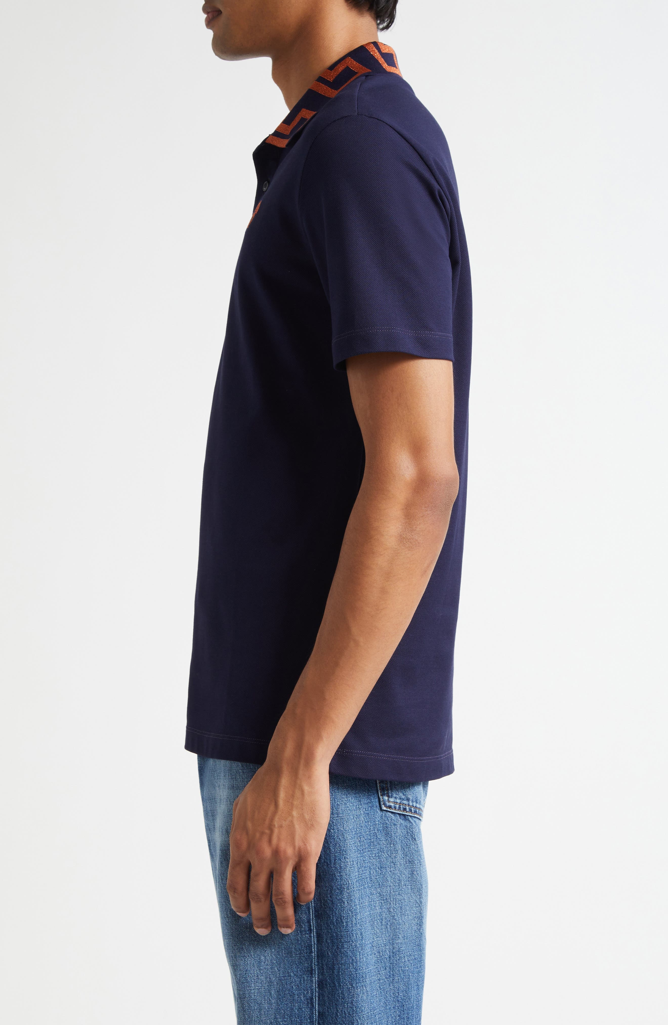 Versace Metallic Greca Collar Piqué Polo in Navy Blue at Nordstrom - 3