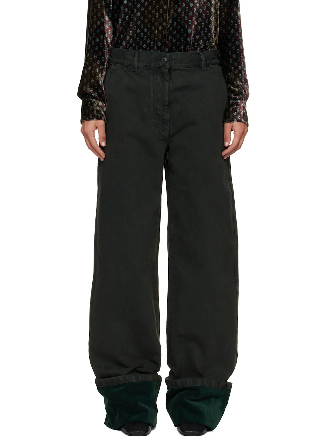 Green Velvet Cuff Jeans - 1