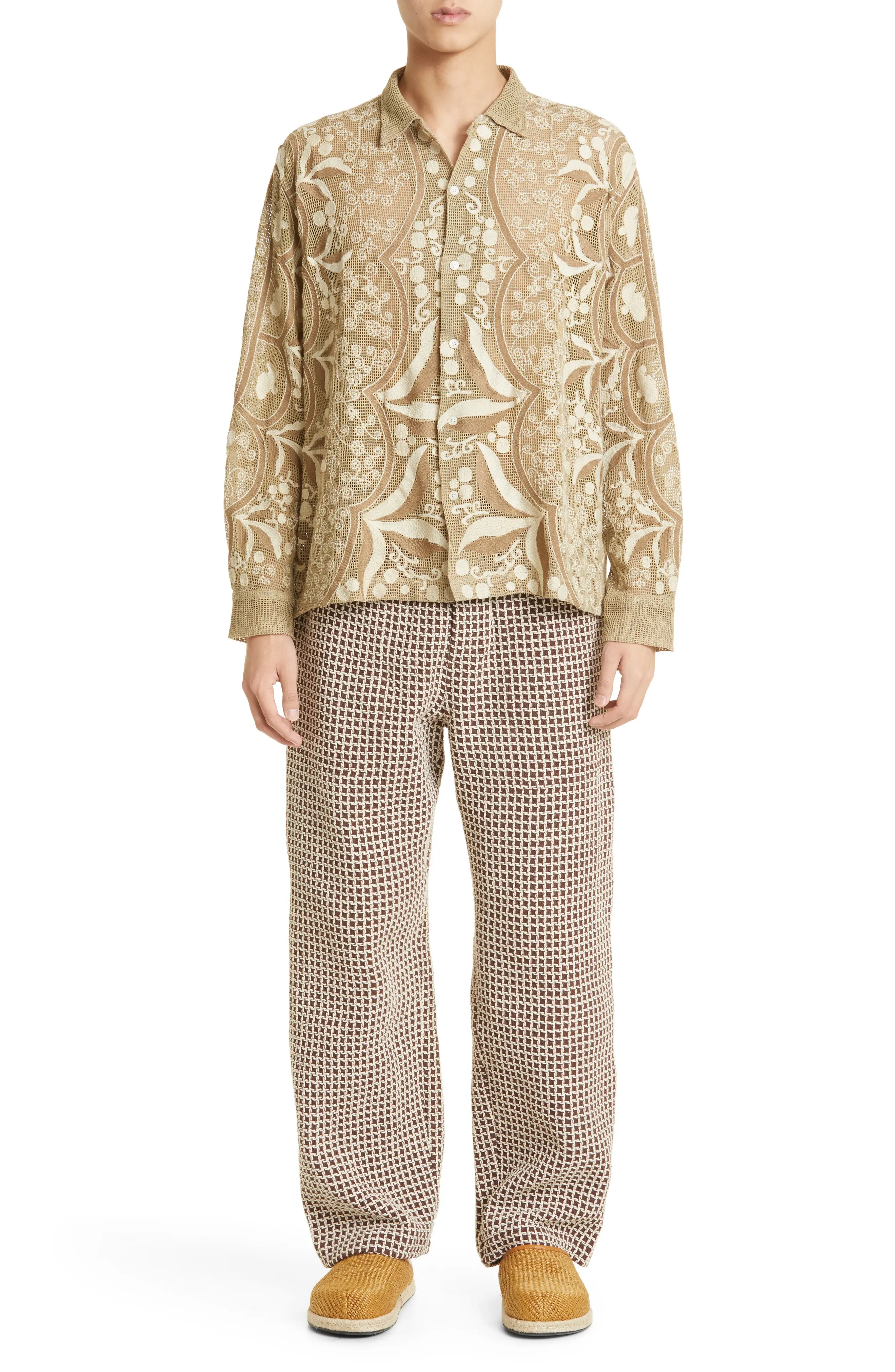 Filet Filigree Embroidered Mesh Button-Up Shirt - 2