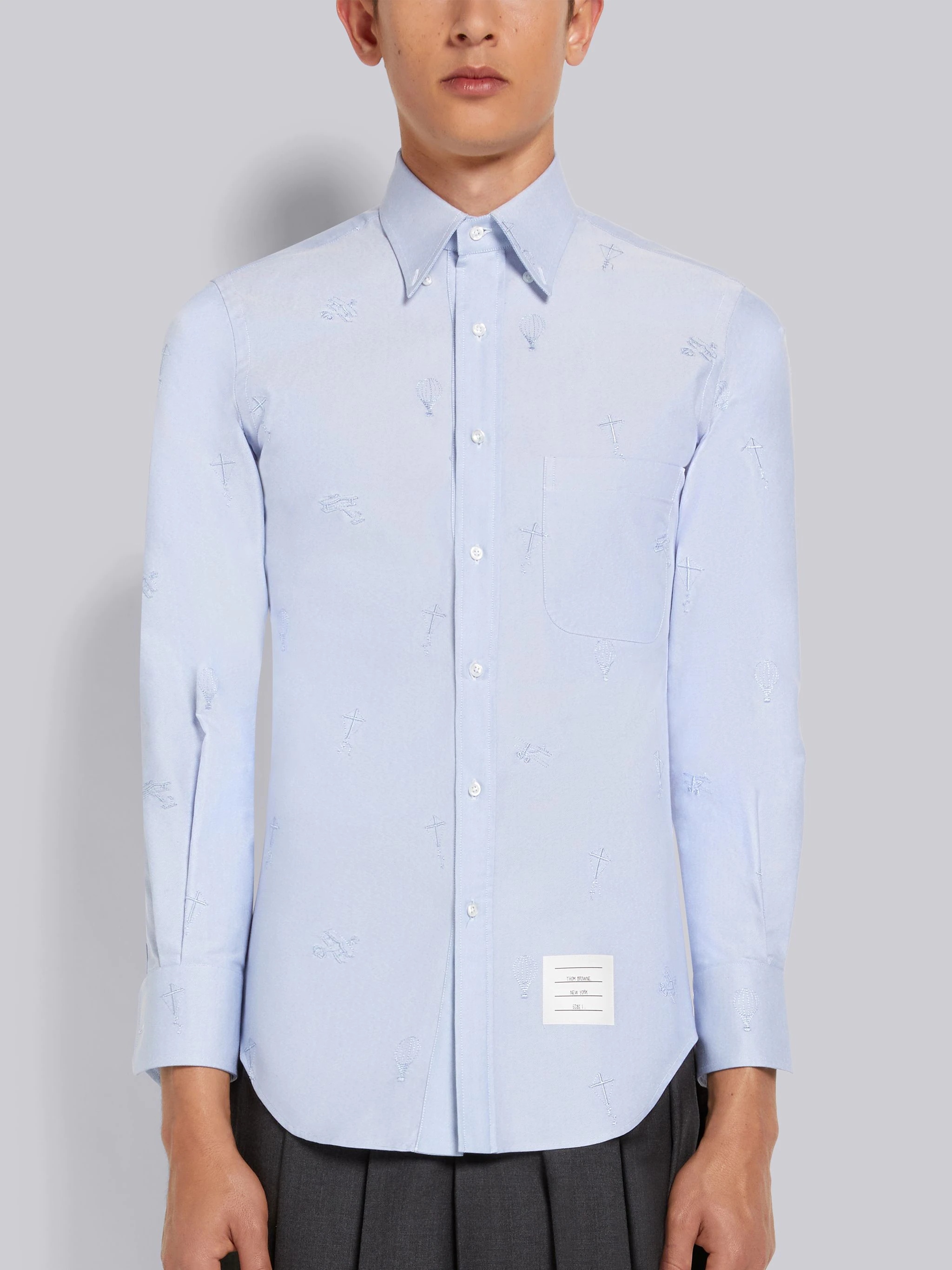 Light Blue Oxford Embroidered Half Drop Sky Icon Classic Fit Shirt - 3