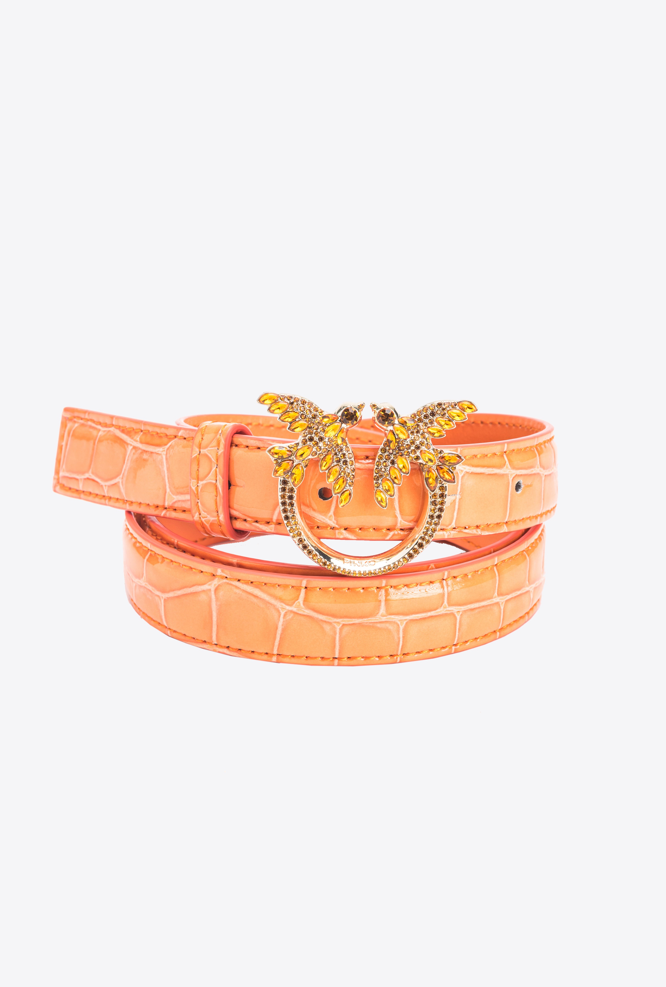 PINKO GALLERIA THIN 2CM SHINY COLOURED CROC-PRINT BELT WITH LOVE BIRDS BUCKLE - 5