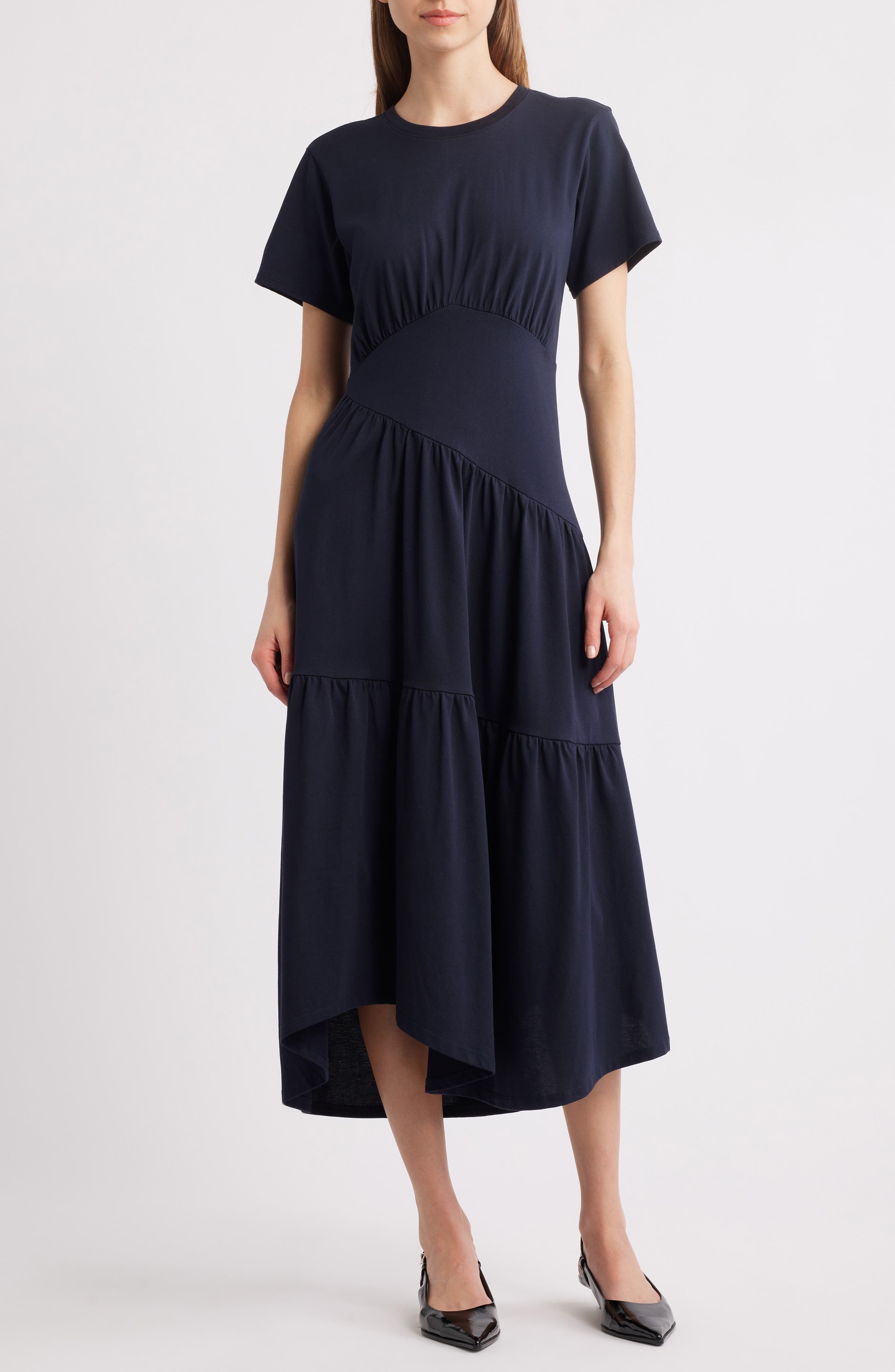 FRAME Asymmetric Tiered Ruffle Knit Dress in Navy at Nordstrom - 1