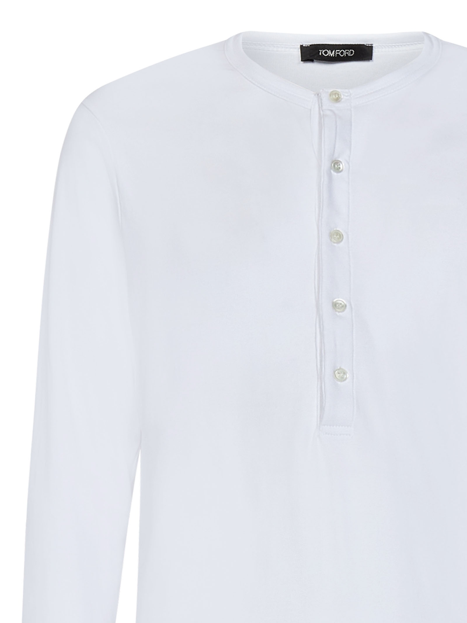 White stretch cotton jersey henley T-shirt with logo label at front. - 4