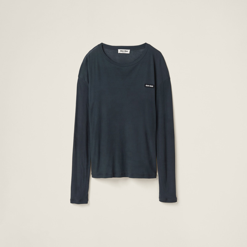 Long-sleeved garment-dyed ribbed knit jersey T-shirt 1