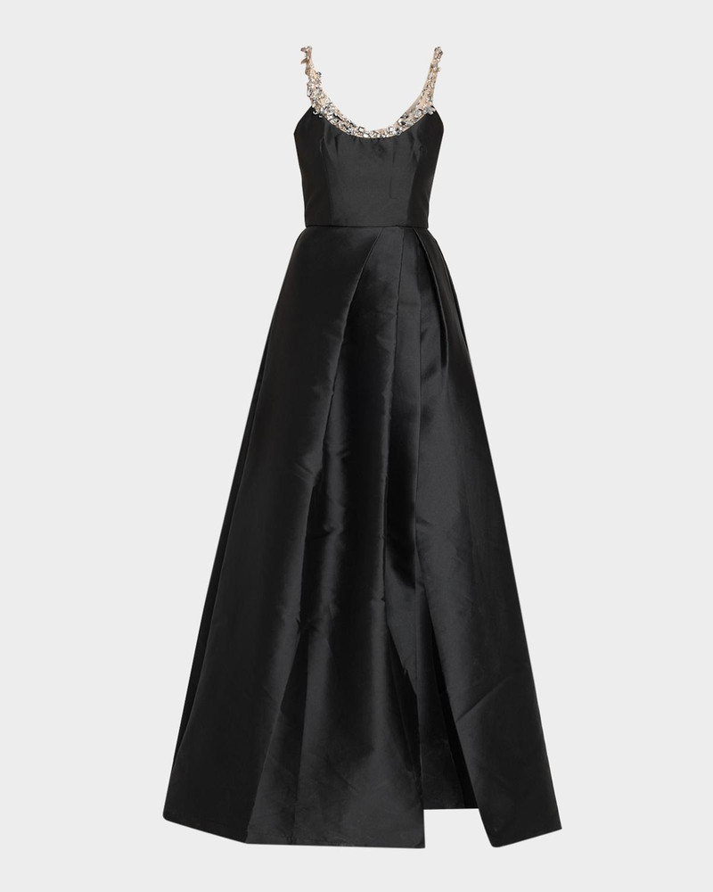 Crystal Scoop-Neck Pleated Mikado Silk Gown 1