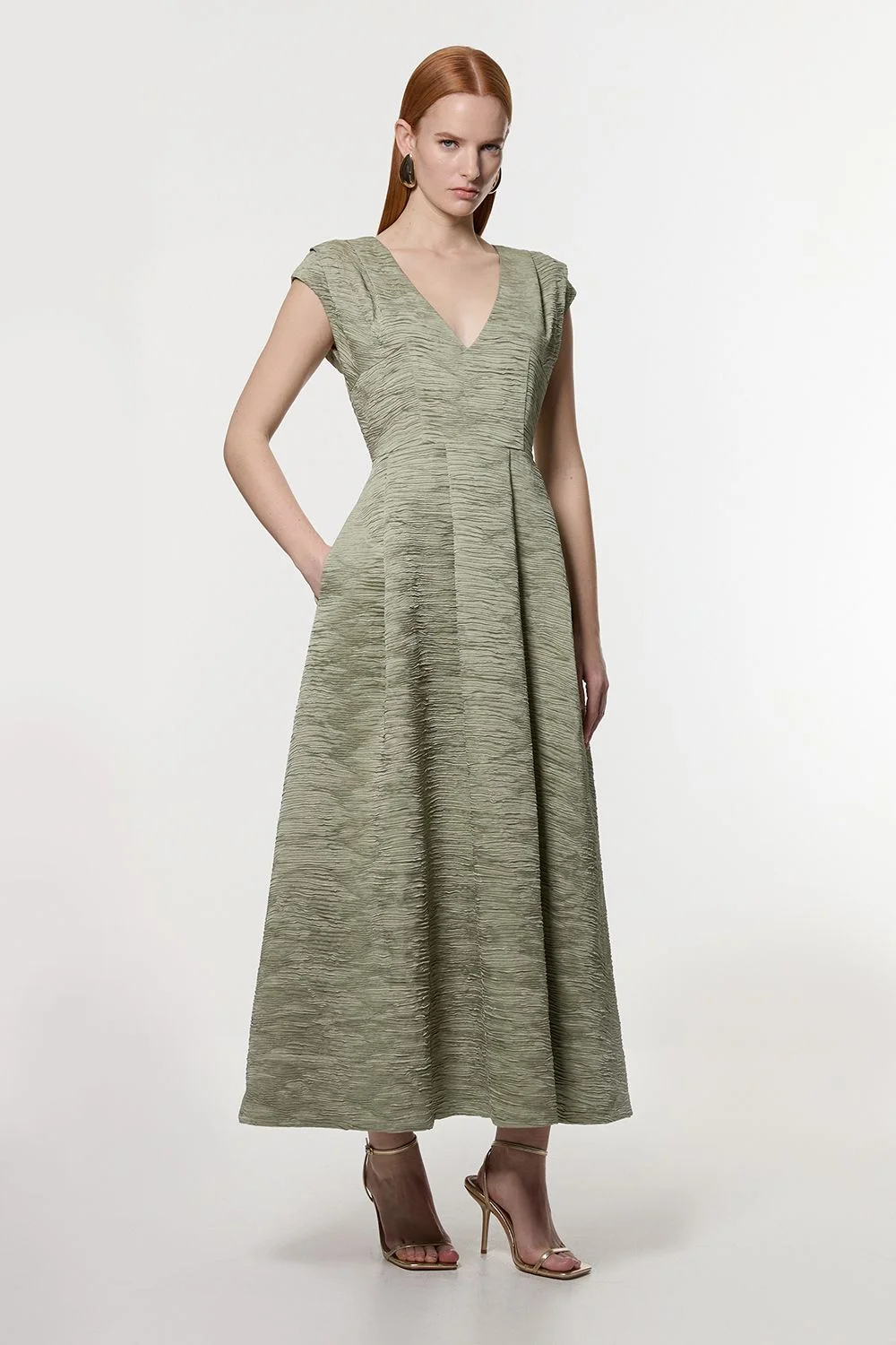 Crinkle Satin Pleated Sleeveless Full Skirt Tailored Midi Dress - 1