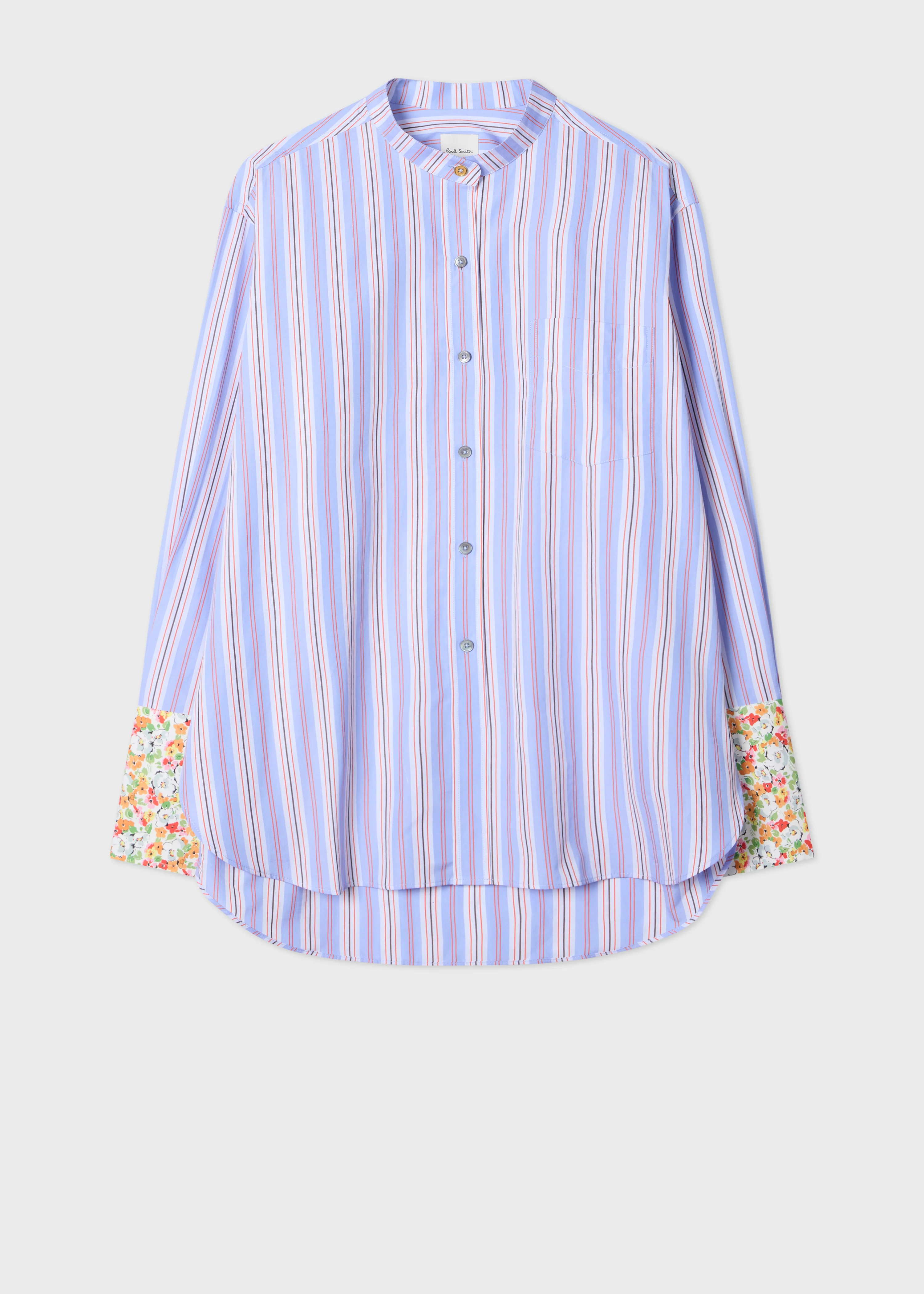 Women's Light Blue Bengal Stripe Grandad Shirt with Contrast Cuffs - 1