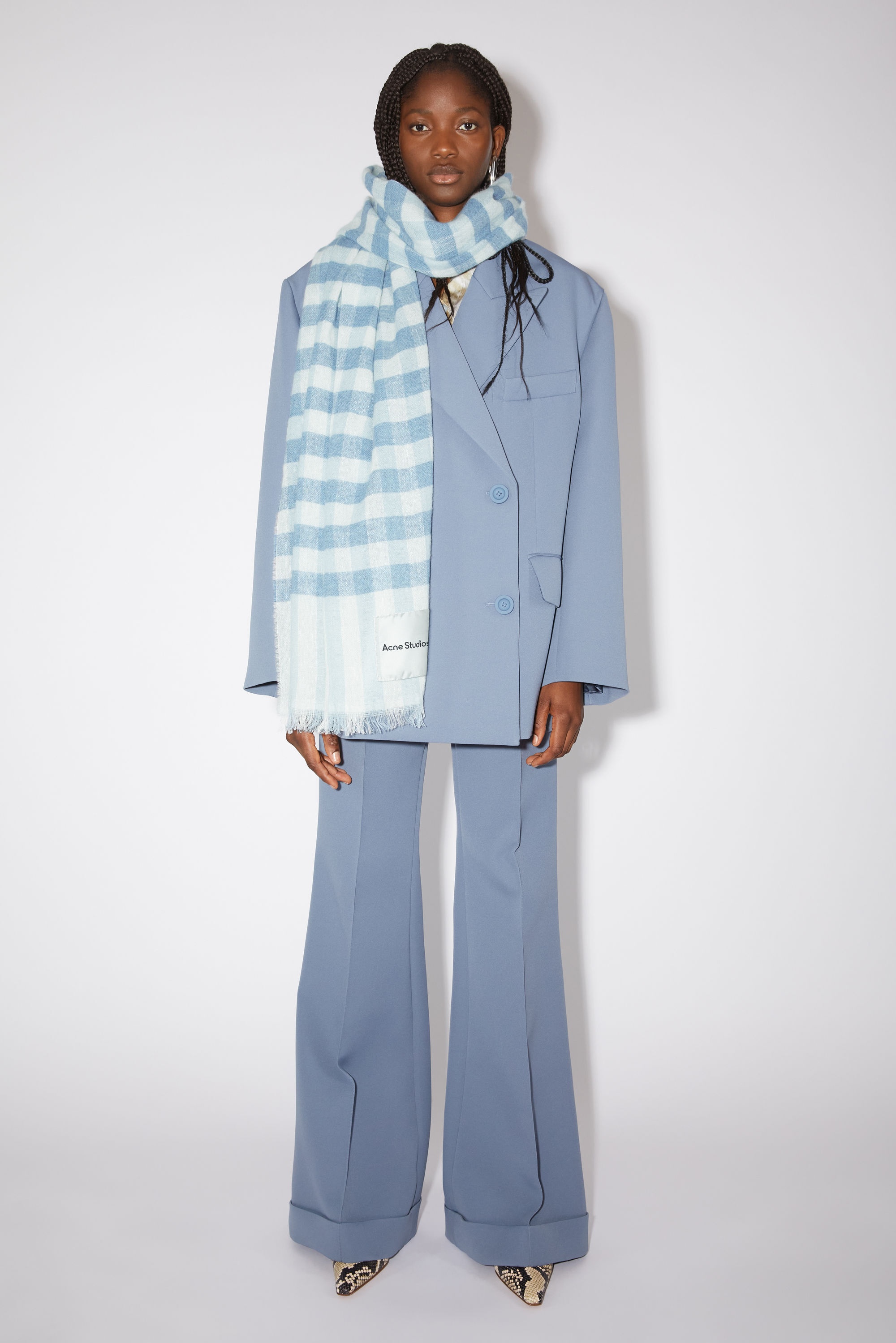 Check cashmere linen scarf - Light blue/ecru white - 2