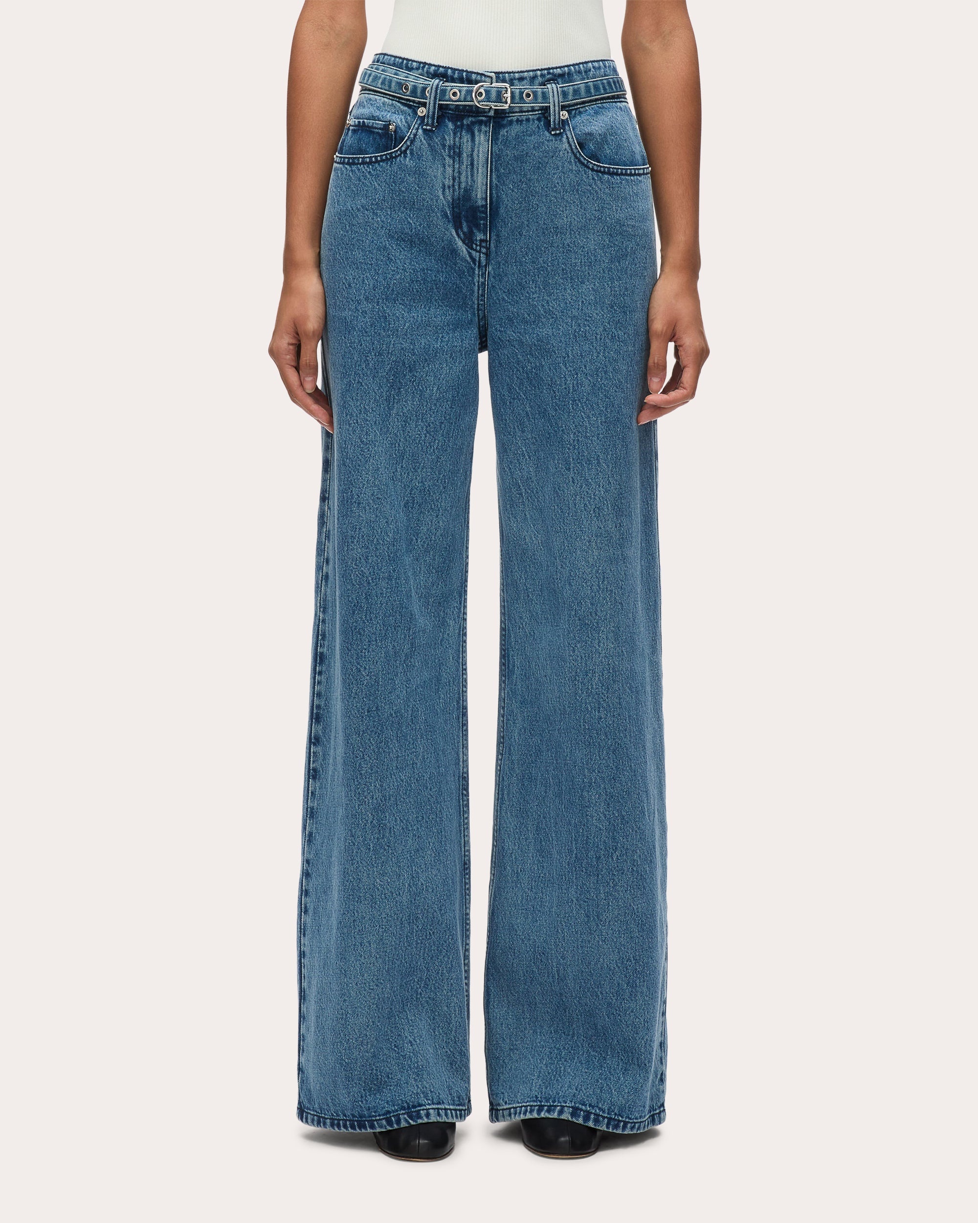 Belted Wide-Leg Denim Jeans - 1