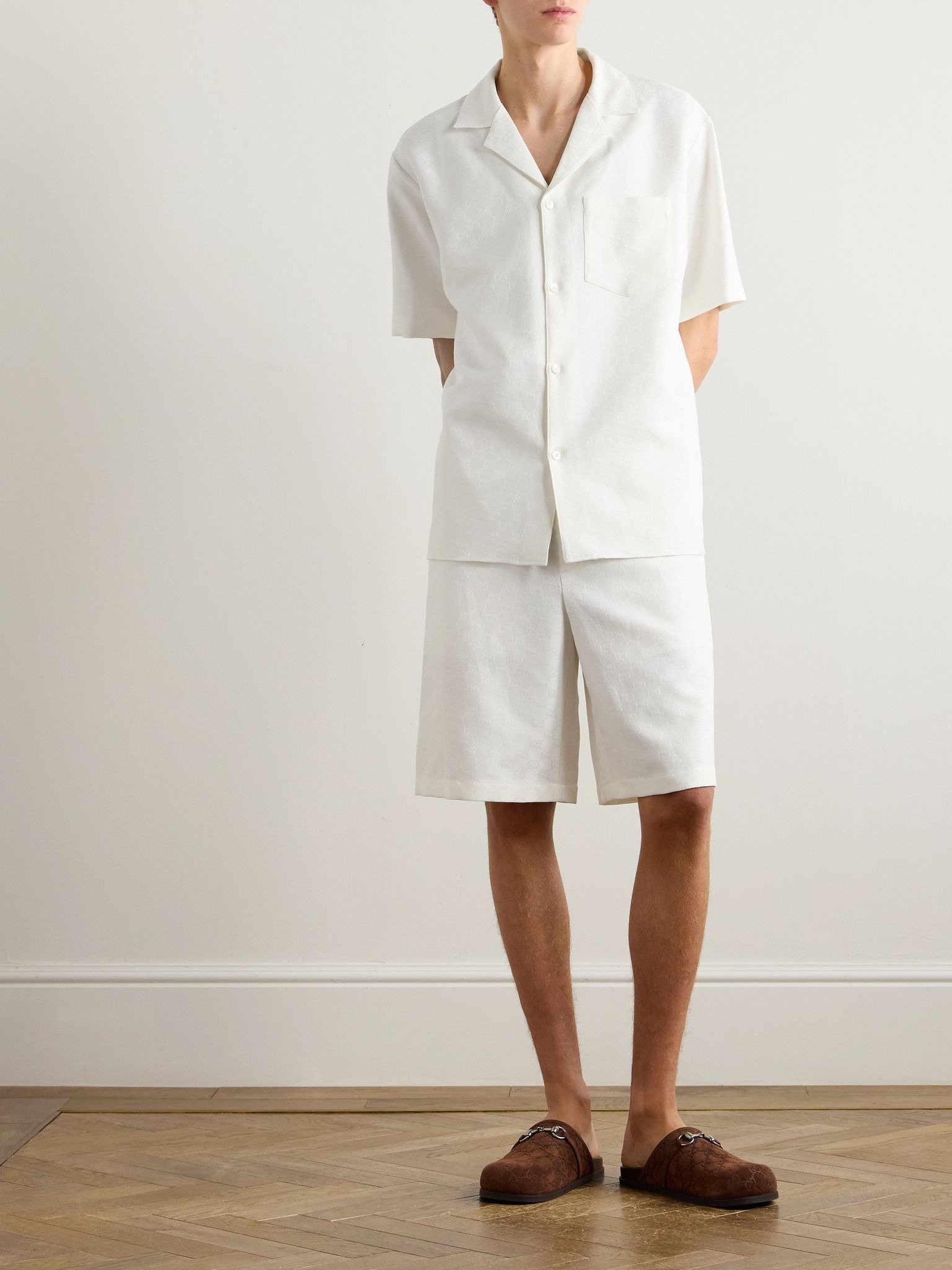 Straight-Leg Logo-Jacquard Linen-Blend Shorts White - 2