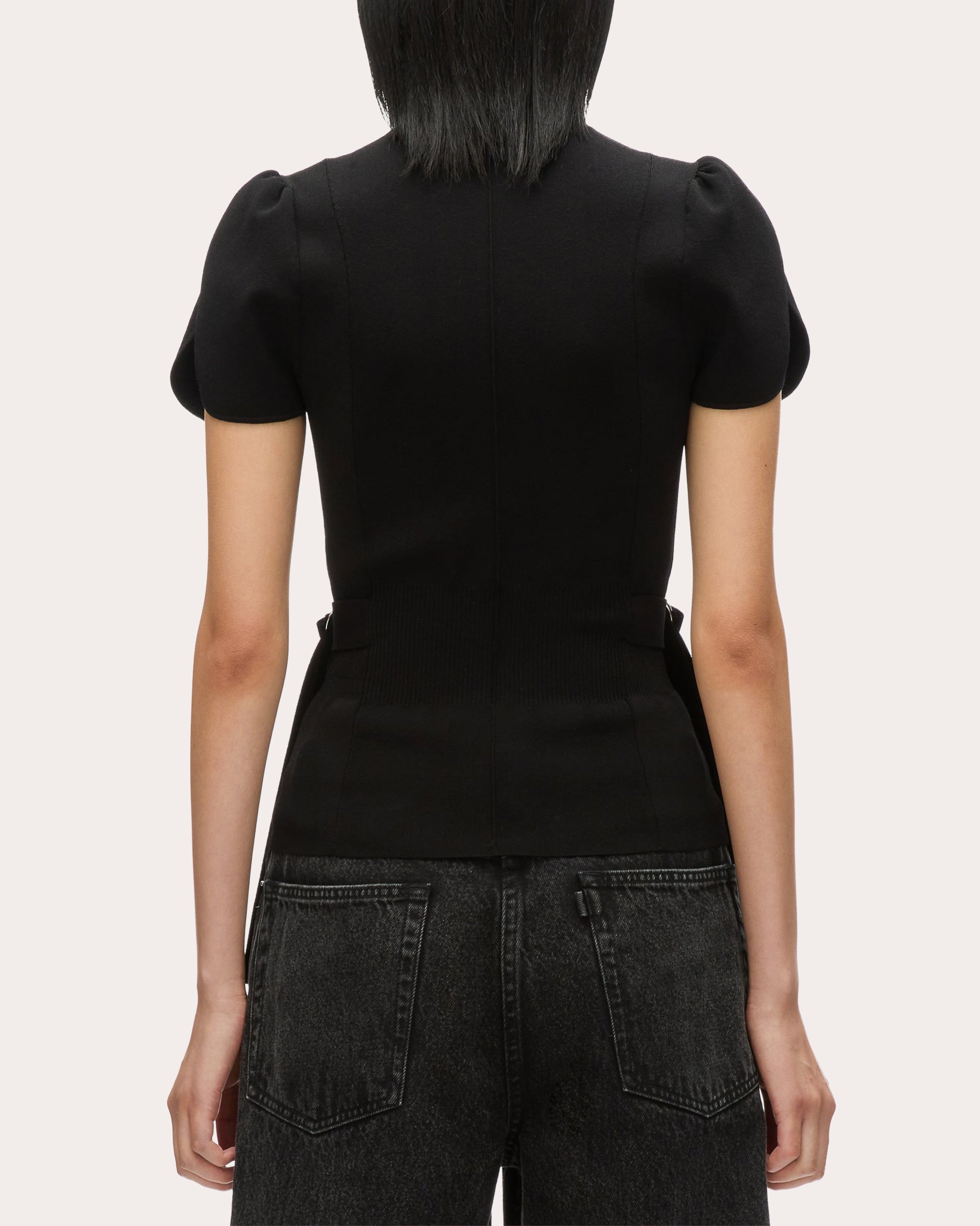 Compact Rib Knit Mock Neck Tulip-Sleeve Top - 2