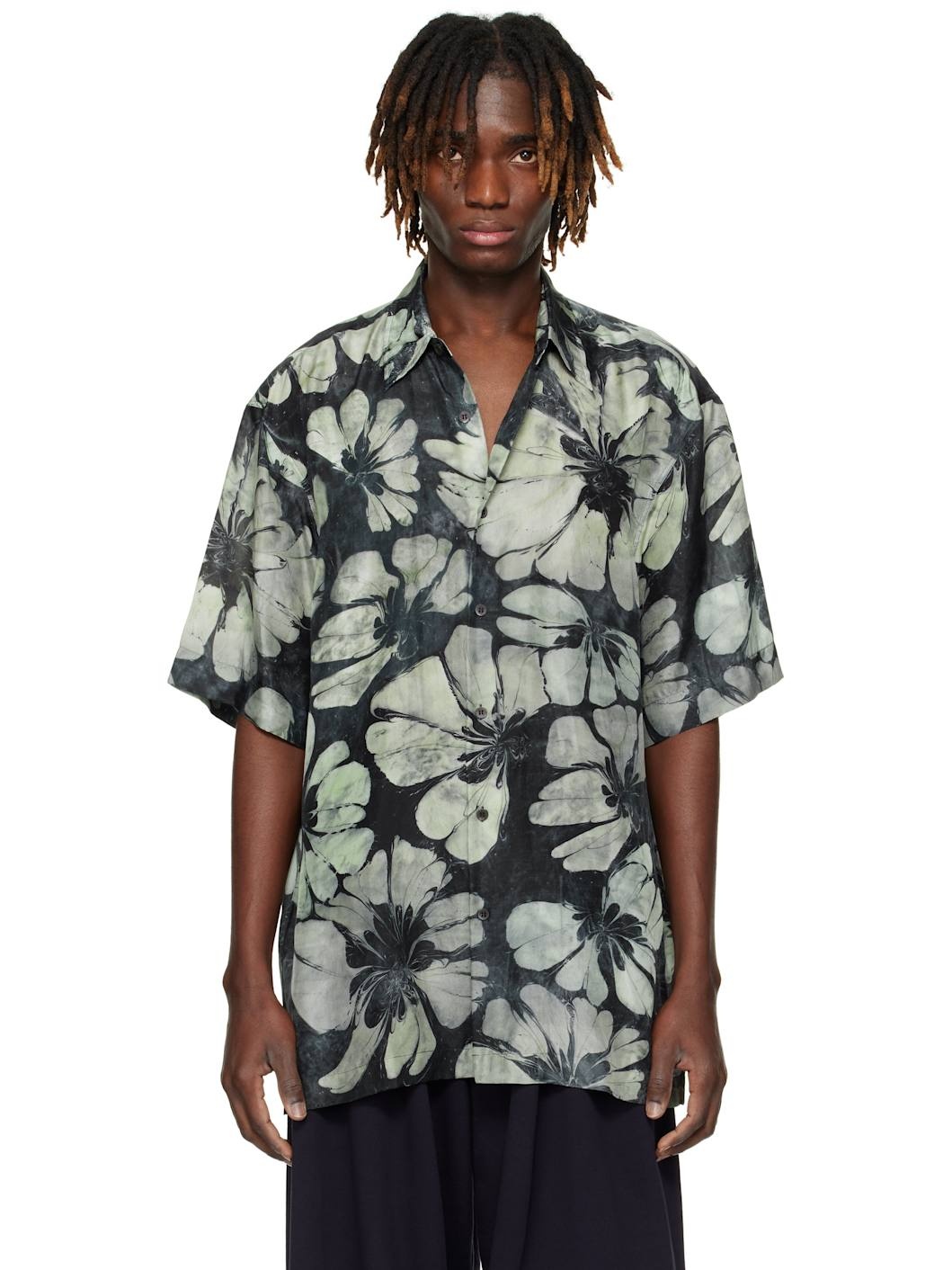 Black & Gray Silk Short Sleeve Shirt - 1