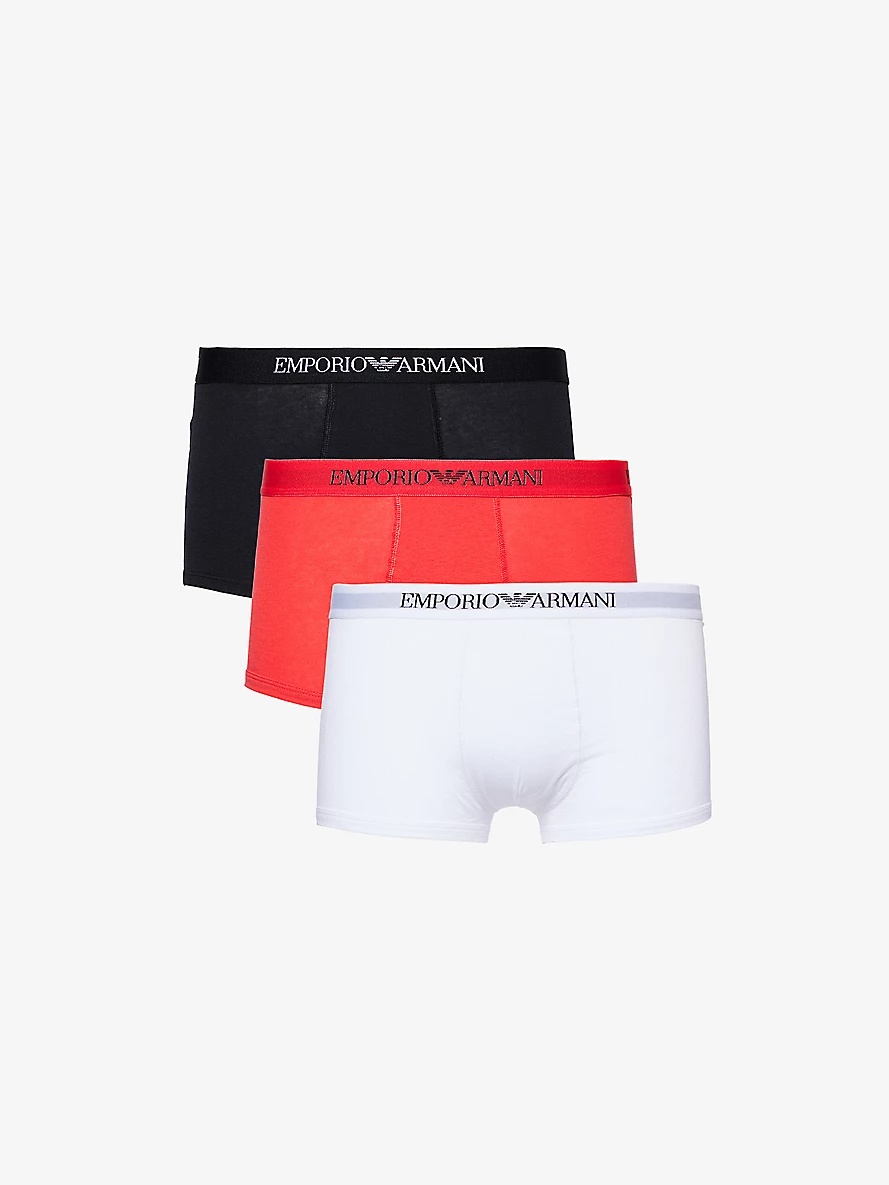 Branded-waistband pack of three cotton-jersey trunks - 1