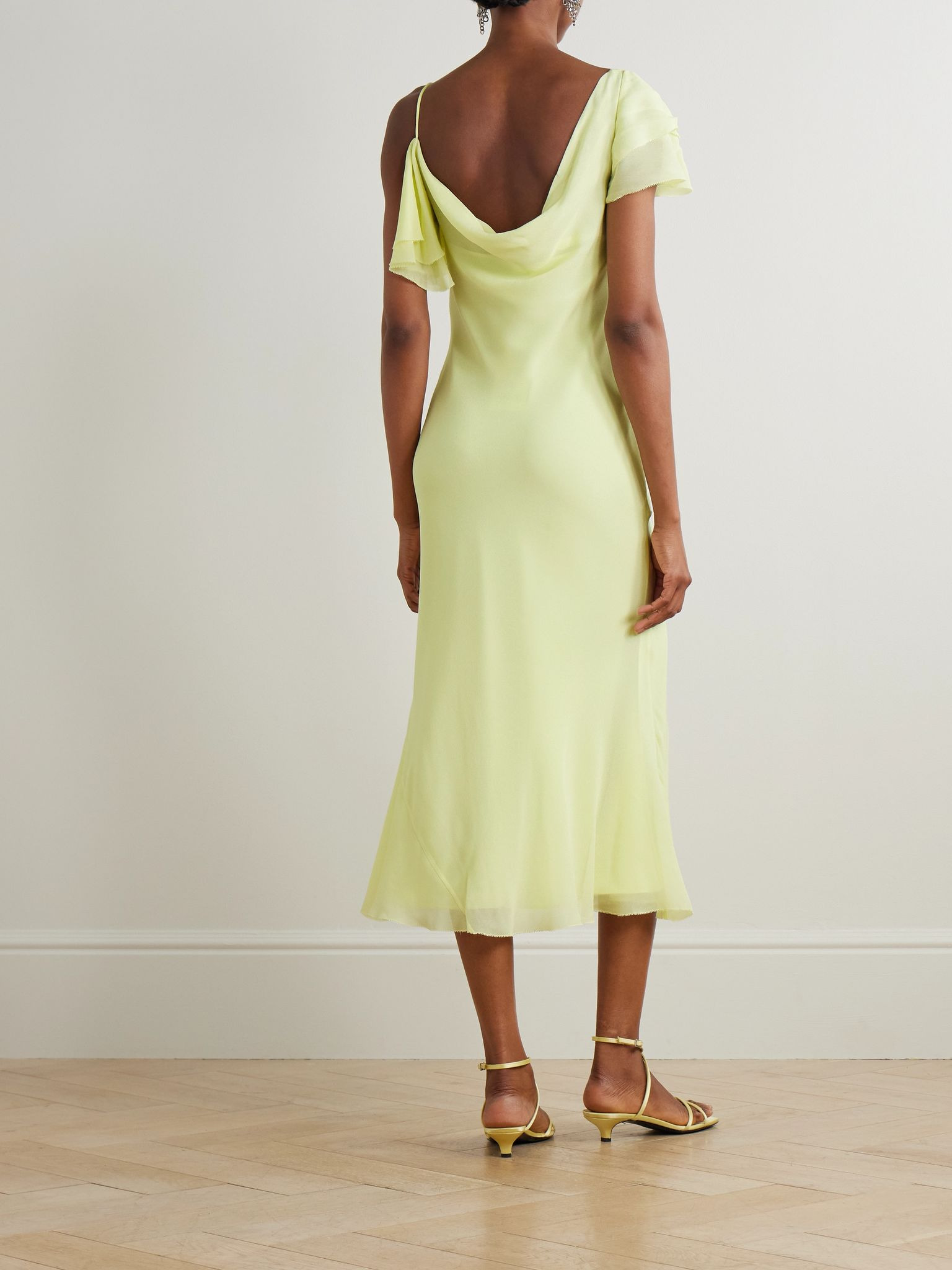 Asymmetric ruffled draped georgette midi dress Yellow - 3