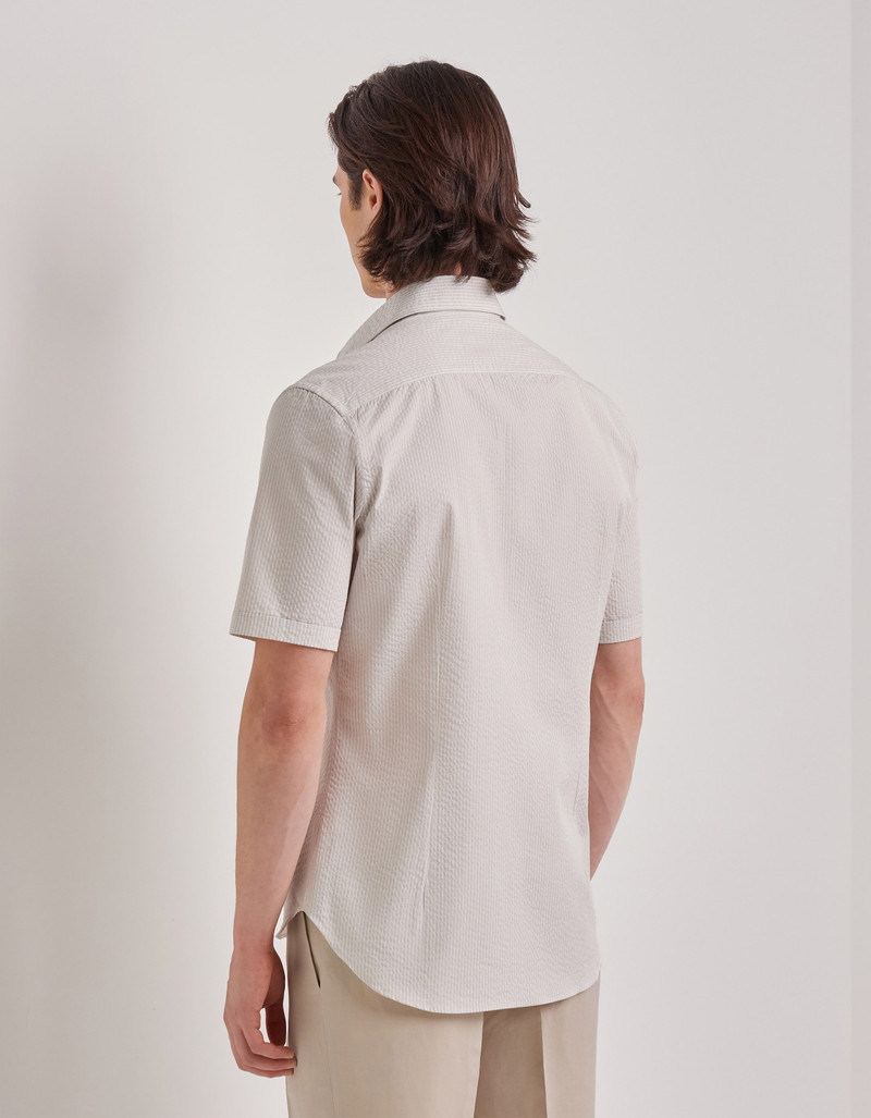 BEIGE AND WHITE STRIPED SEERSUCKER COTTON SLIM-FIT SHIRT 3