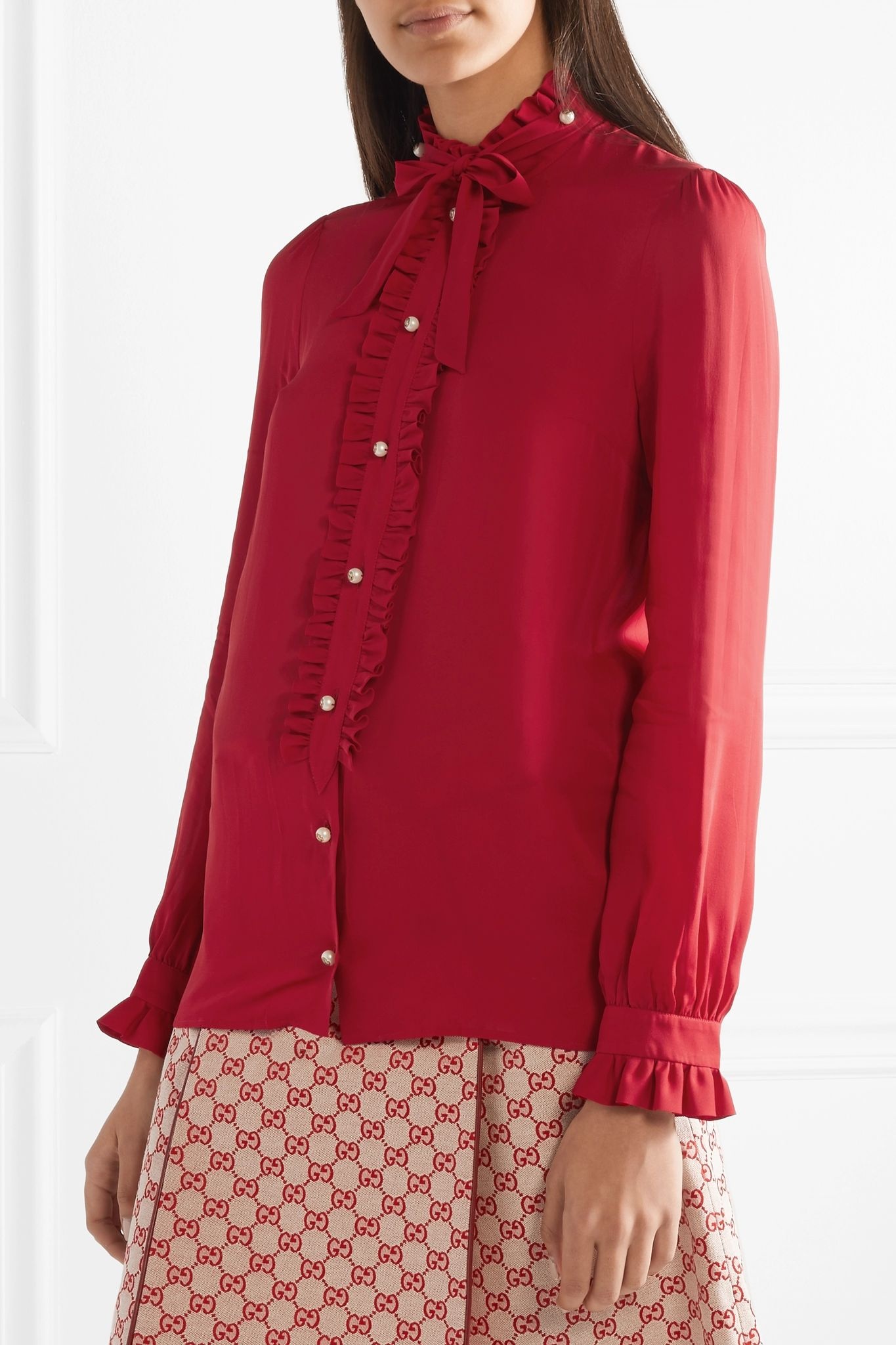 Embellished ruffled silk crepe de chine blouse - 3