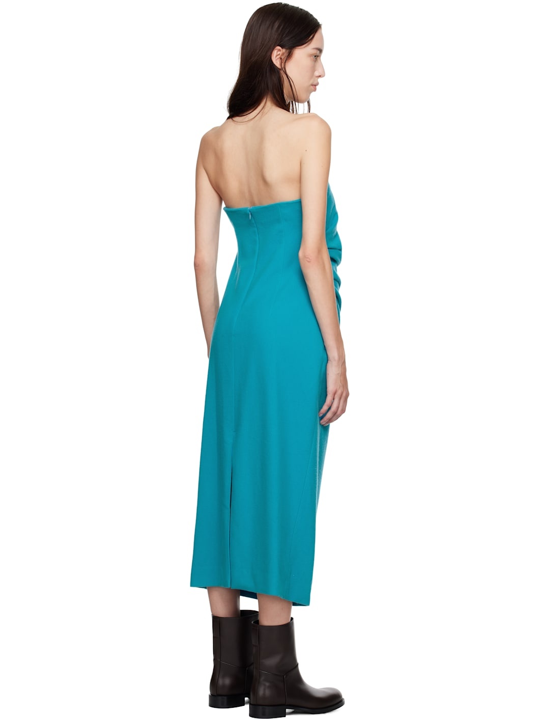 Blue Brushed Super Fine Wool Flannel Midi Dress - 3