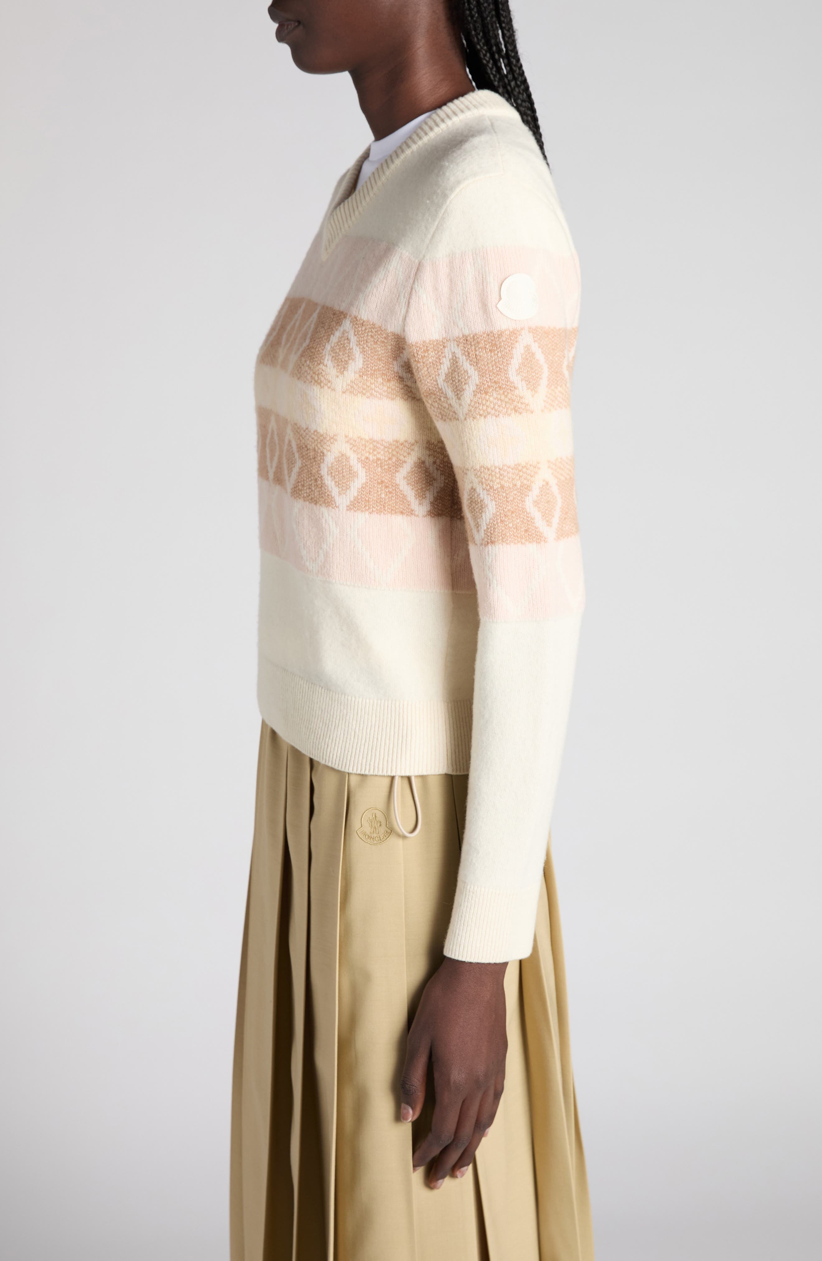 Moncler Jacquard Virgin Wool V-Neck Sweater in Silk White at Nordstrom - 4