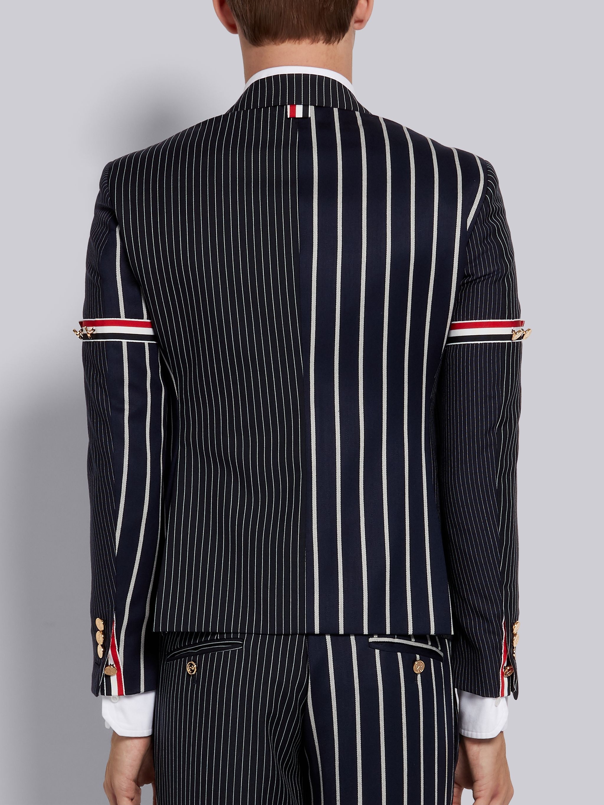 Navy Wool Cotton Funmix Stripe High Armhole Jacket - 3