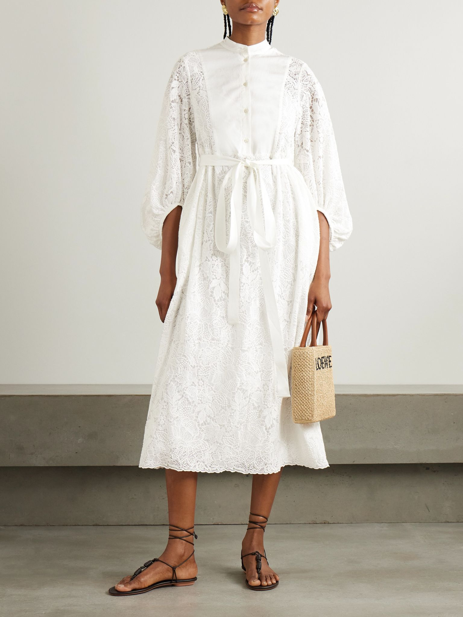 Belted poplin-paneled cotton-lace midi shirt dress Ivory - 2