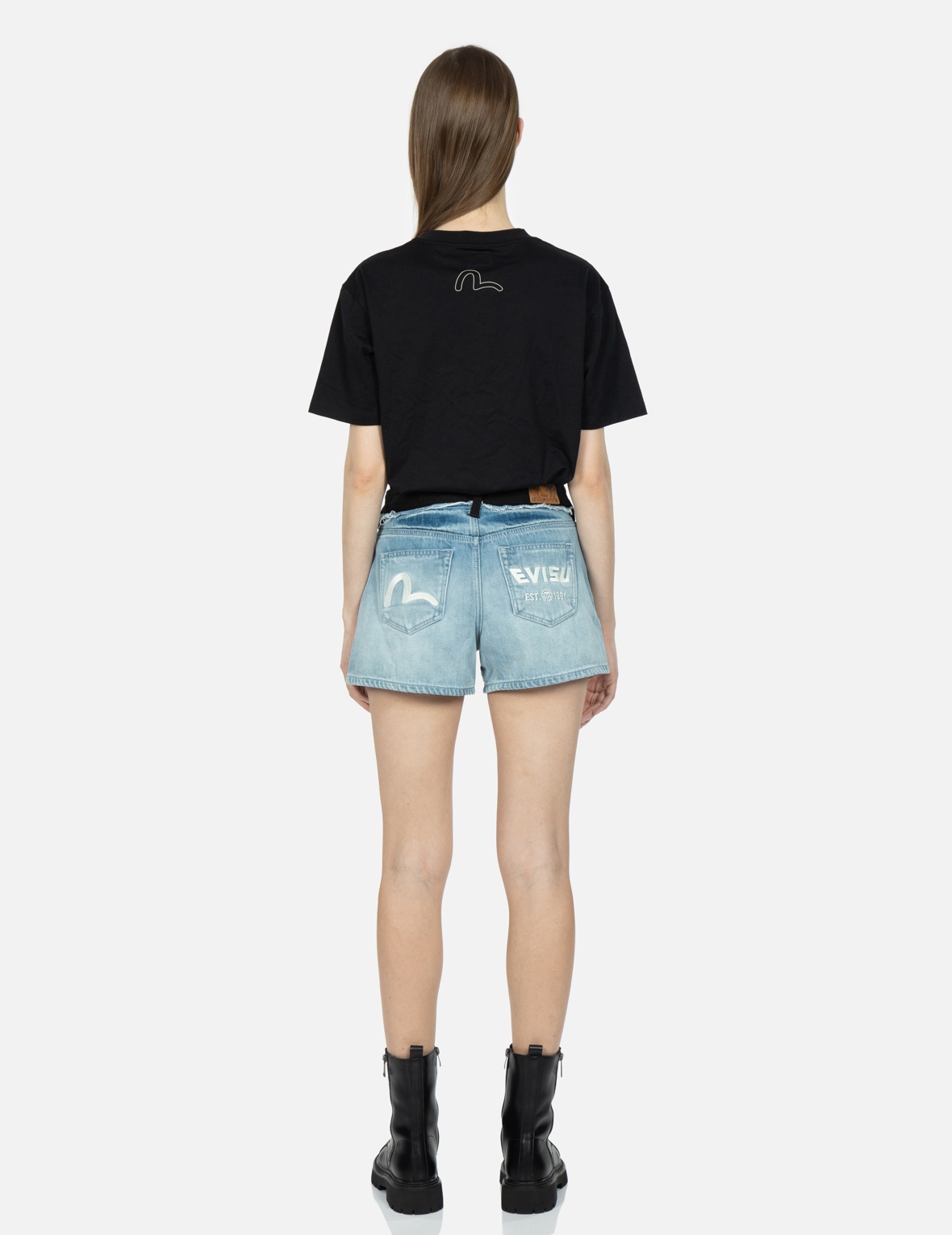 SEAGULL AND LOGO EMBROIDERY RECONSTRUCTED DENIM SHORTS - 5