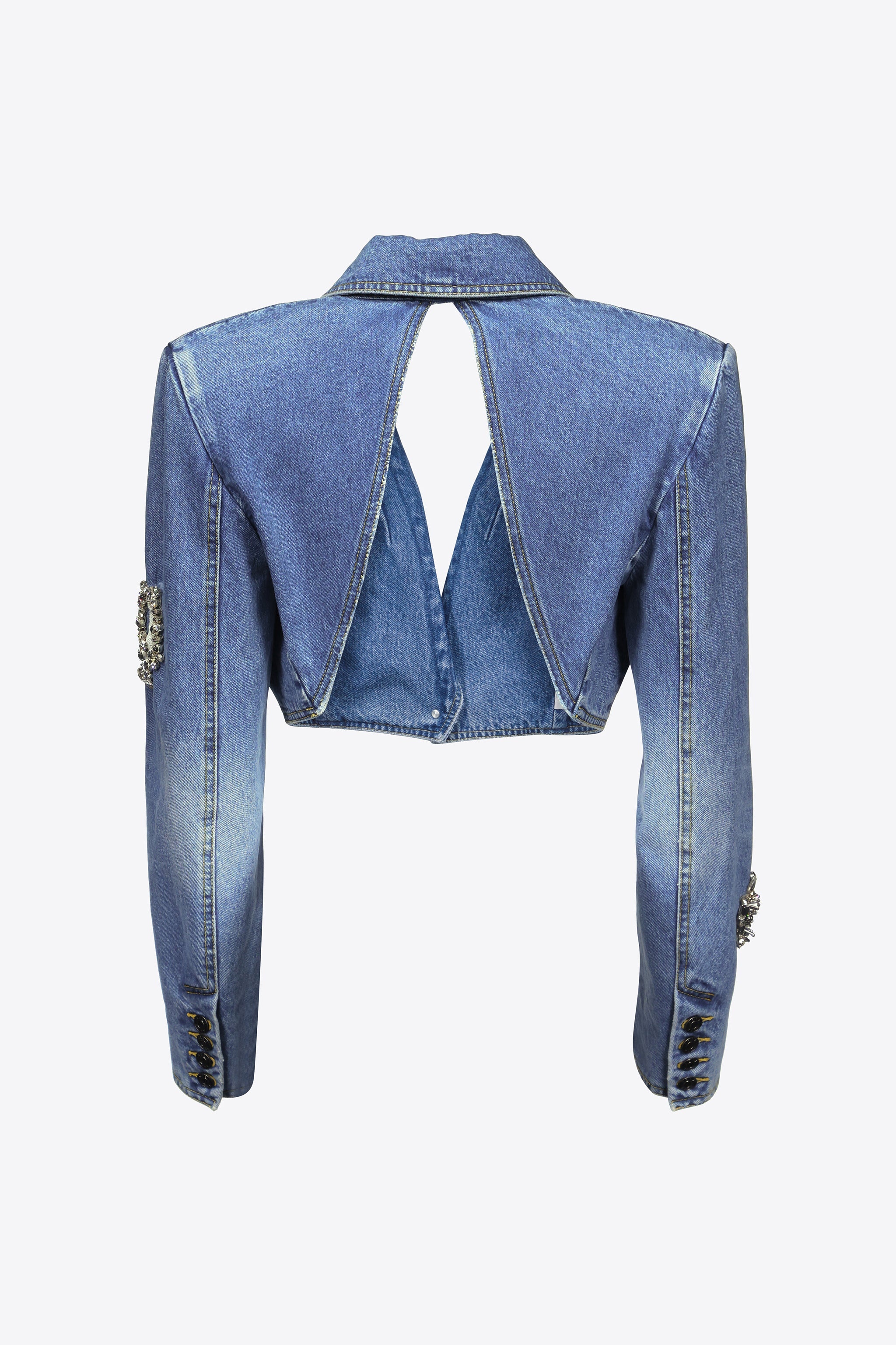 DISTRESSED CRYSTAL DENIM CROPPED BLAZER - 4