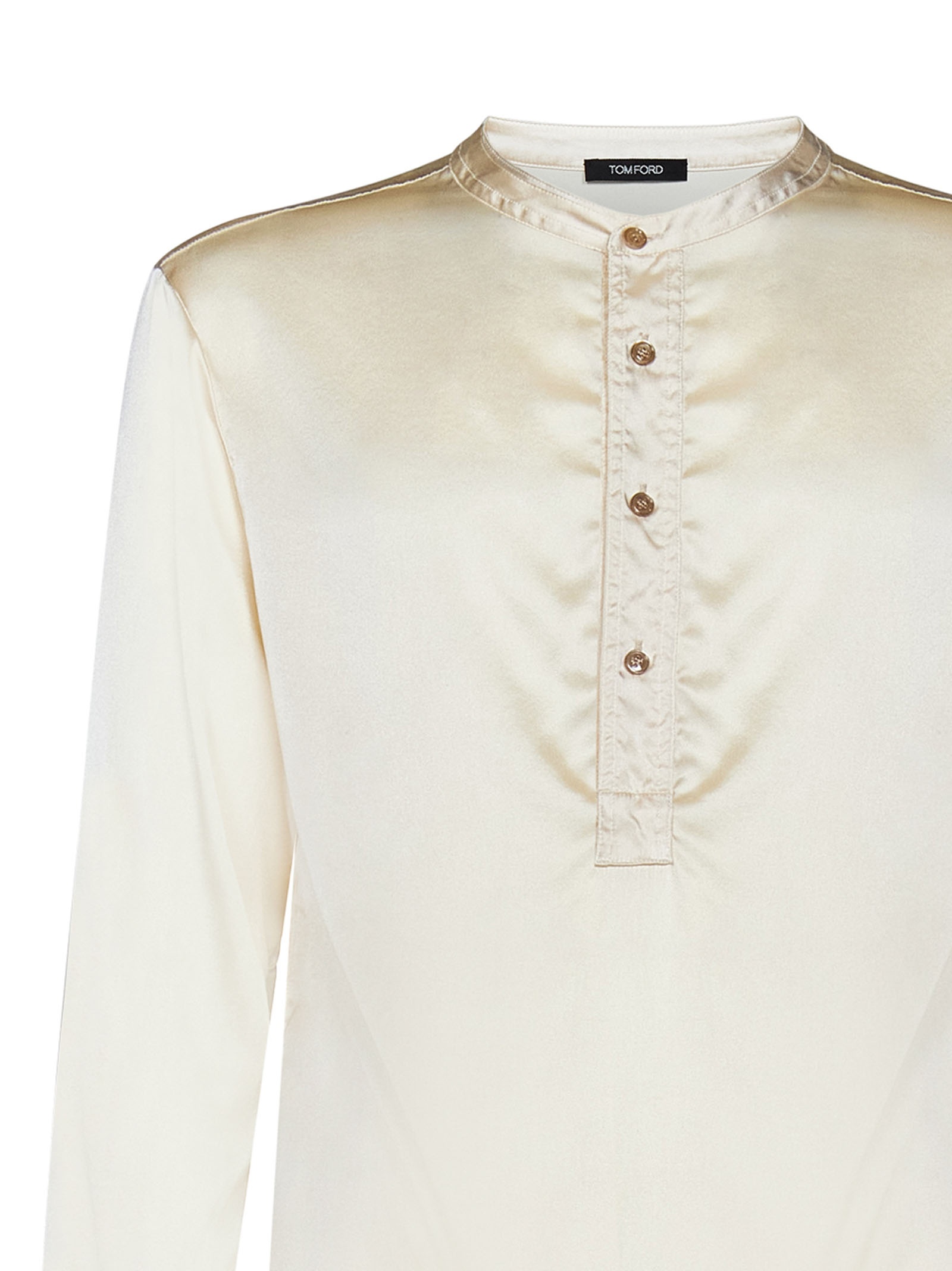 Pearl-colored stretch silk pajama shirt with henley collar and logo label. - 3