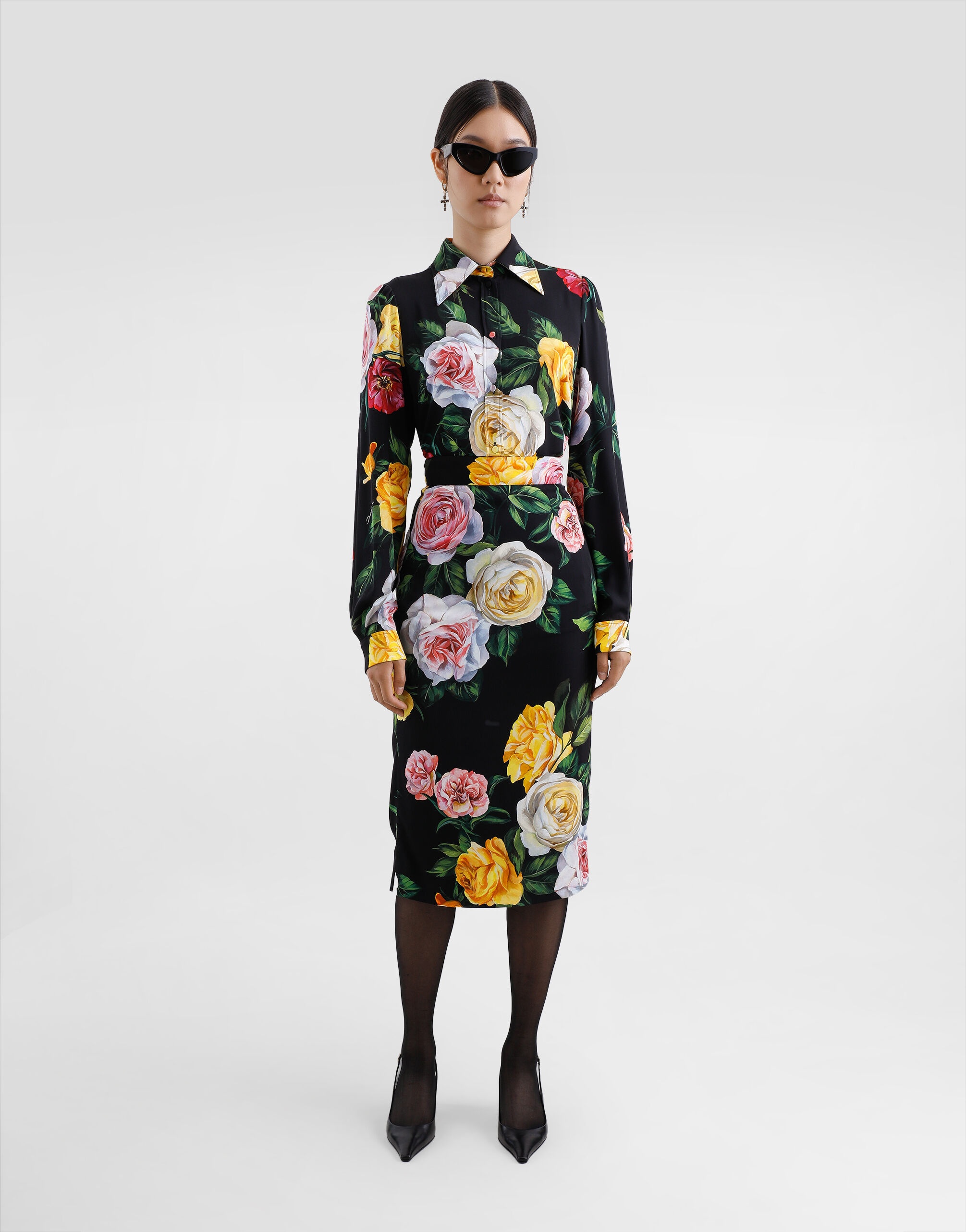 Peony and rose-print charmeuse calf-length skirt - 2