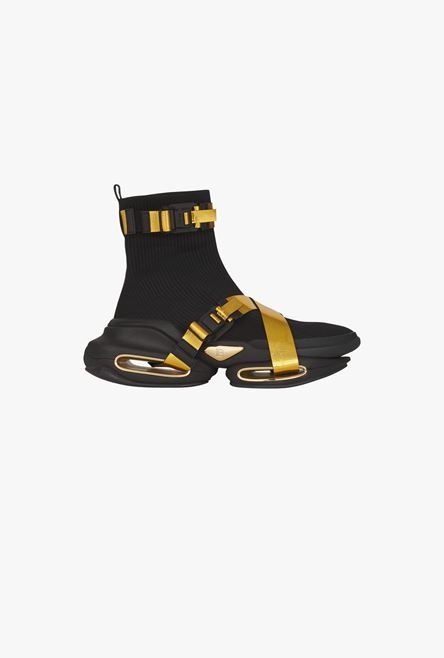 Black and gold knit B-Bold high-top sneakers with straps - 1