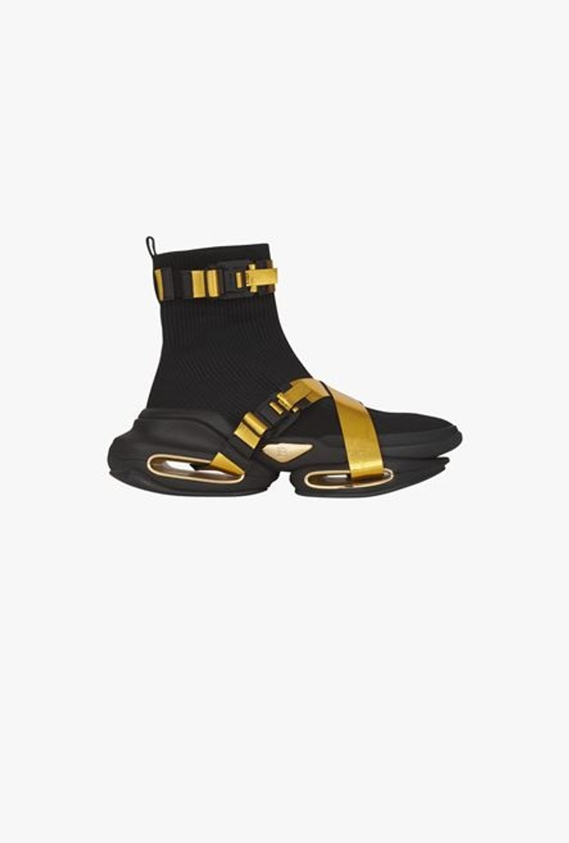 Black and gold knit B-Bold high-top sneakers with straps 1