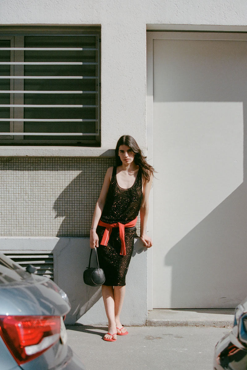 Glass Beaded Mesh Skirt - Jet Black - 14