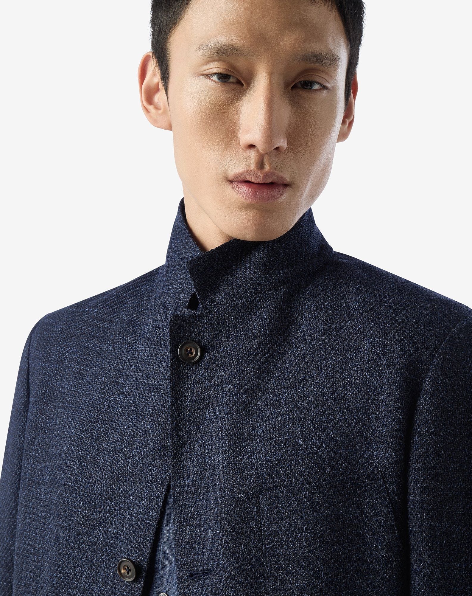 Navy blue wool, silk linen and cotton jacket - 4