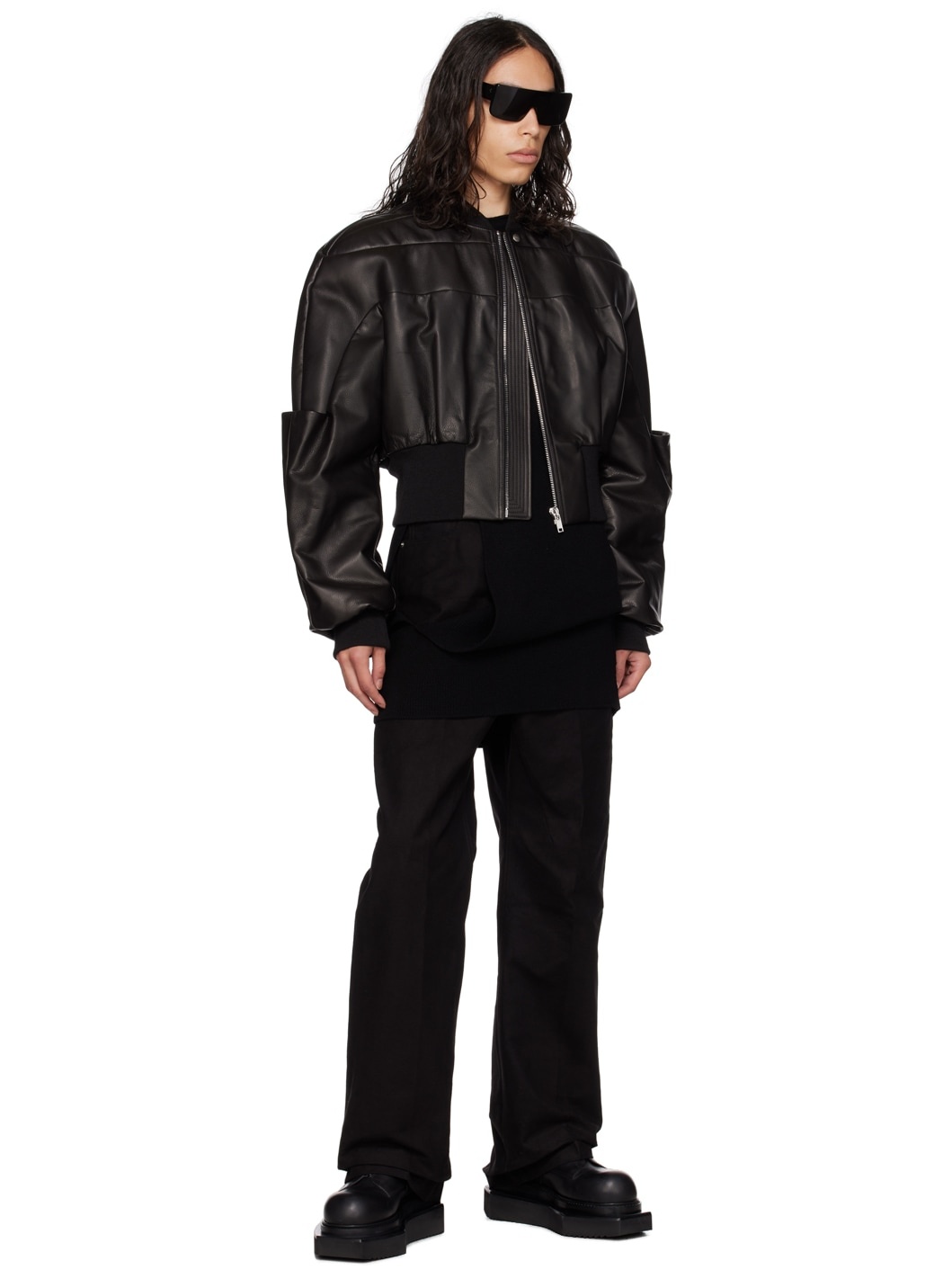 Black Girdered Leather Bomber Jacket - 4